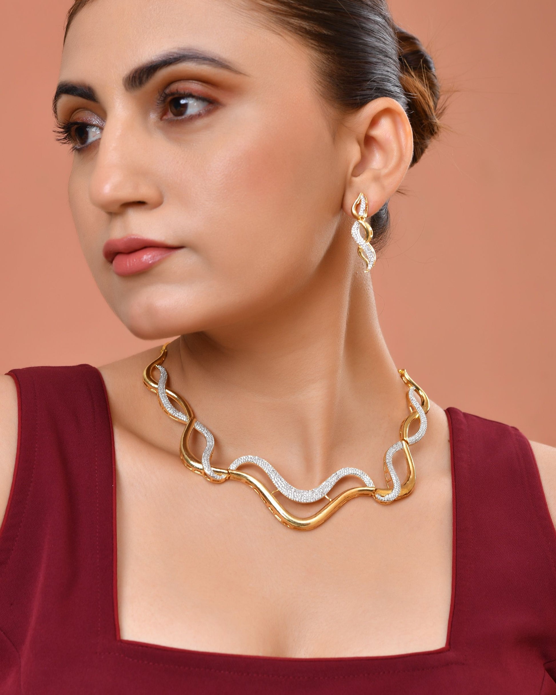 VOJ Gold Plated Waved Design Elegant Ad Jewellery Set  Grab2Buy VOJ Grab2Buy