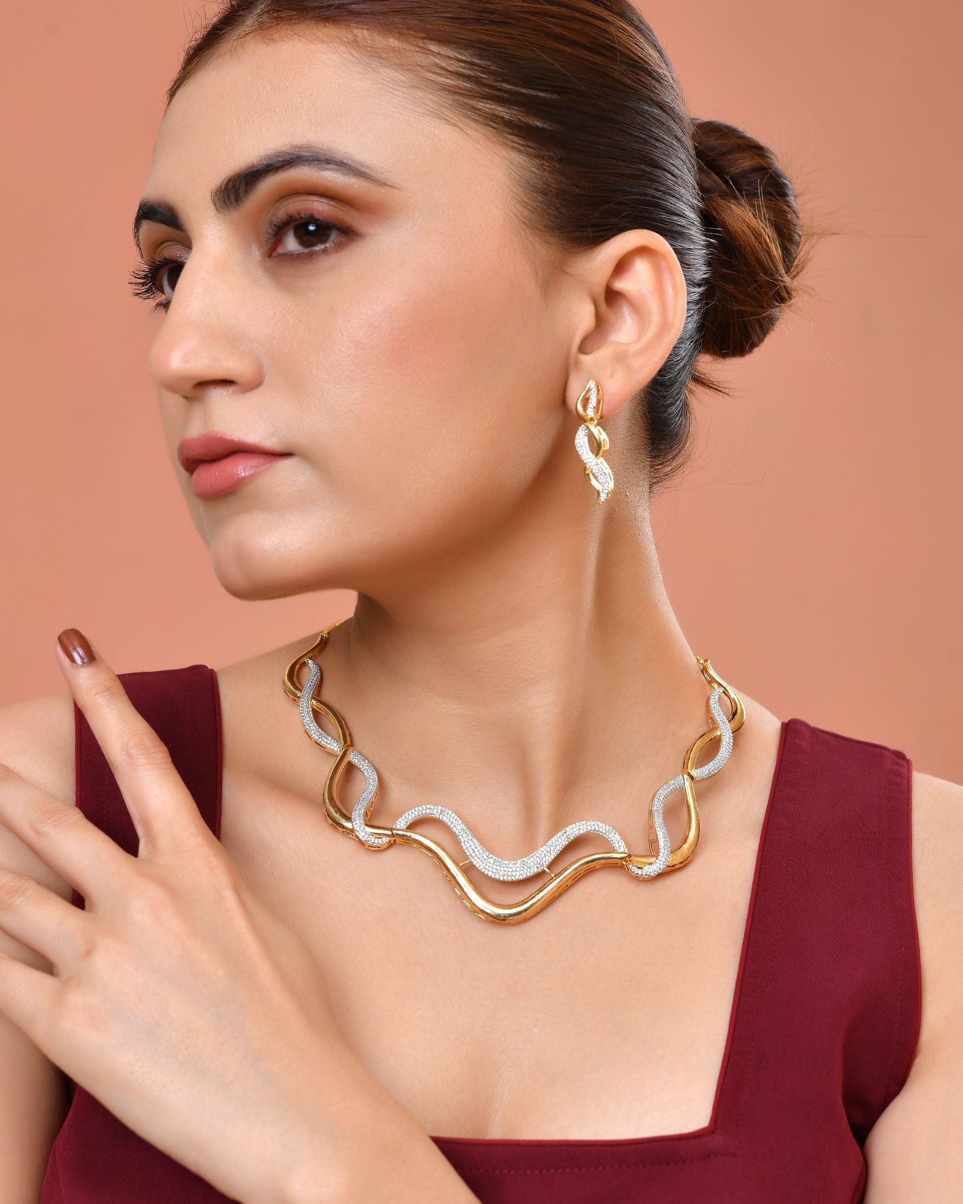 VOJ Gold Plated Waved Design Elegant Ad Jewellery Set  Grab2Buy VOJ Grab2Buy