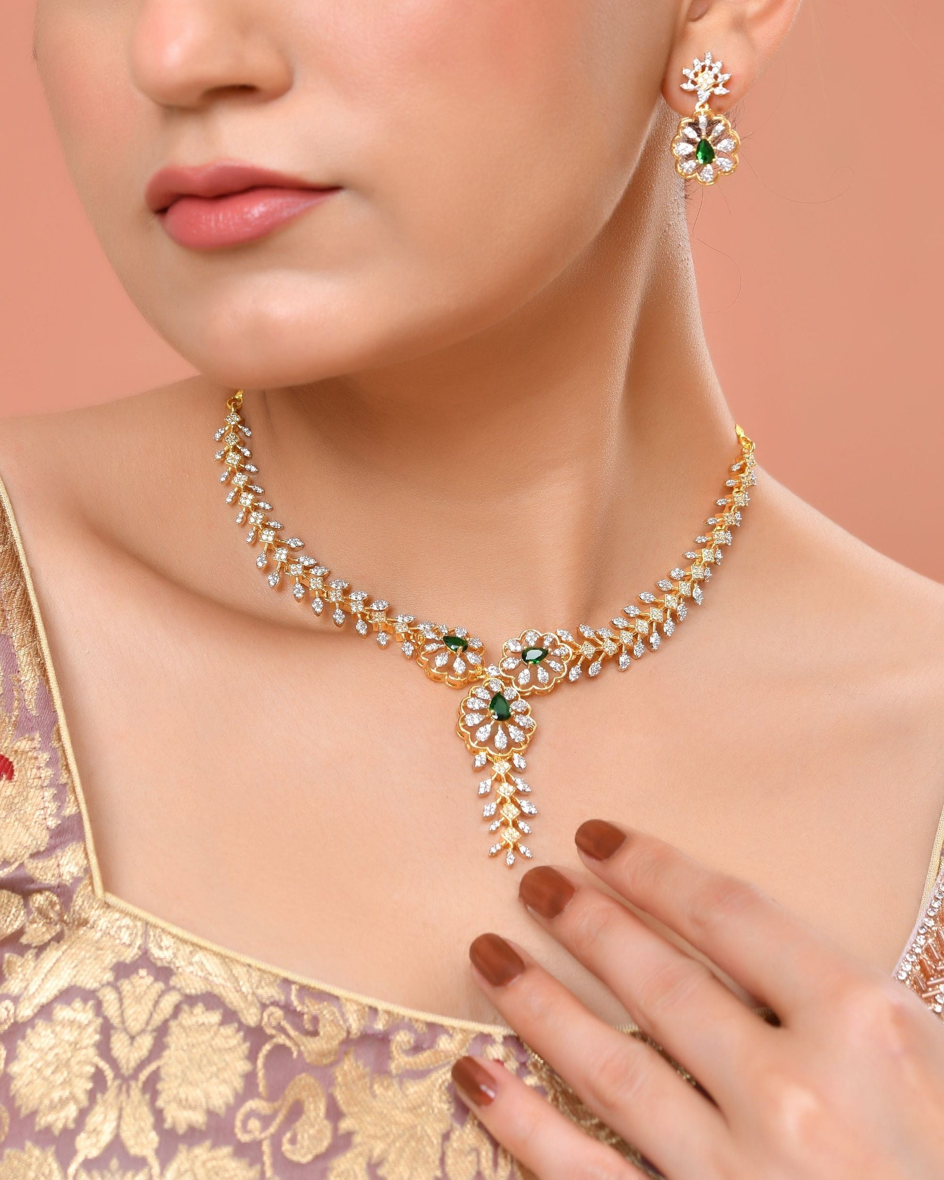 VOJ Gold Plated Lead Designed With Green Stone Ad Jewellery Set  Grab2Buy VOJ Grab2Buy