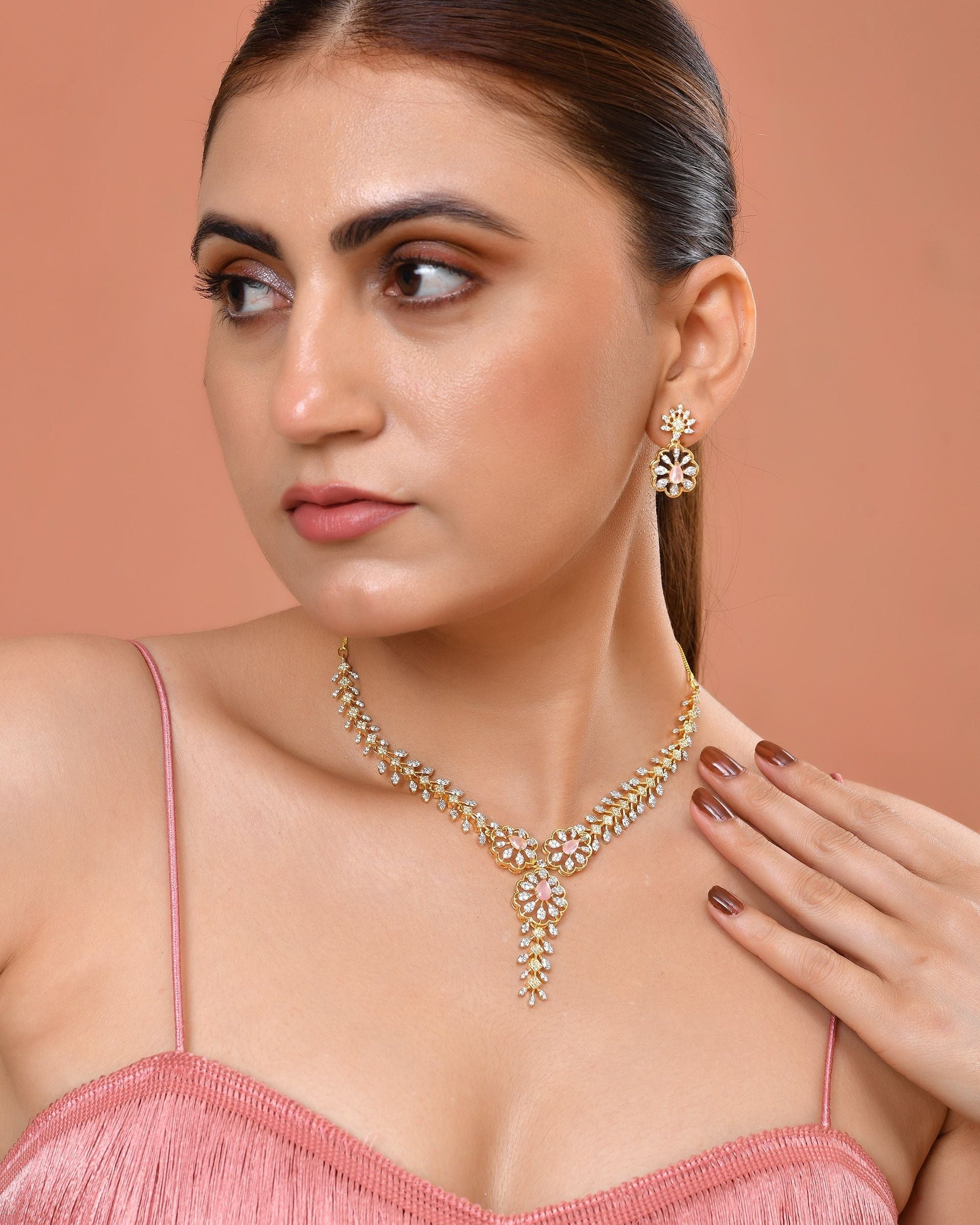 VOJ Gold Plated Lead Designed With Baby Pink Stone Ad Jewellery Set  Grab2Buy VOJ Grab2Buy