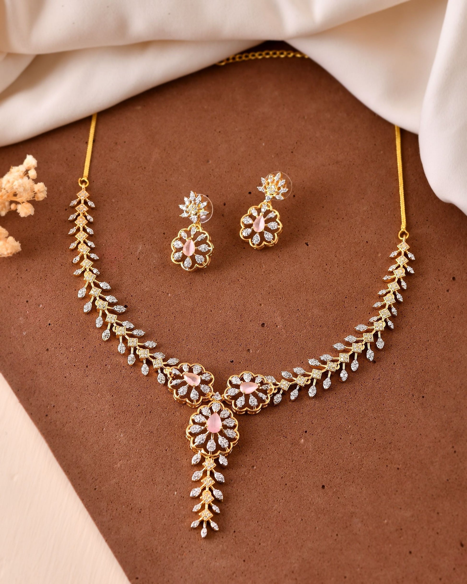 VOJ Gold Plated Lead Designed With Baby Pink Stone Ad Jewellery Set  Grab2Buy VOJ Grab2Buy
