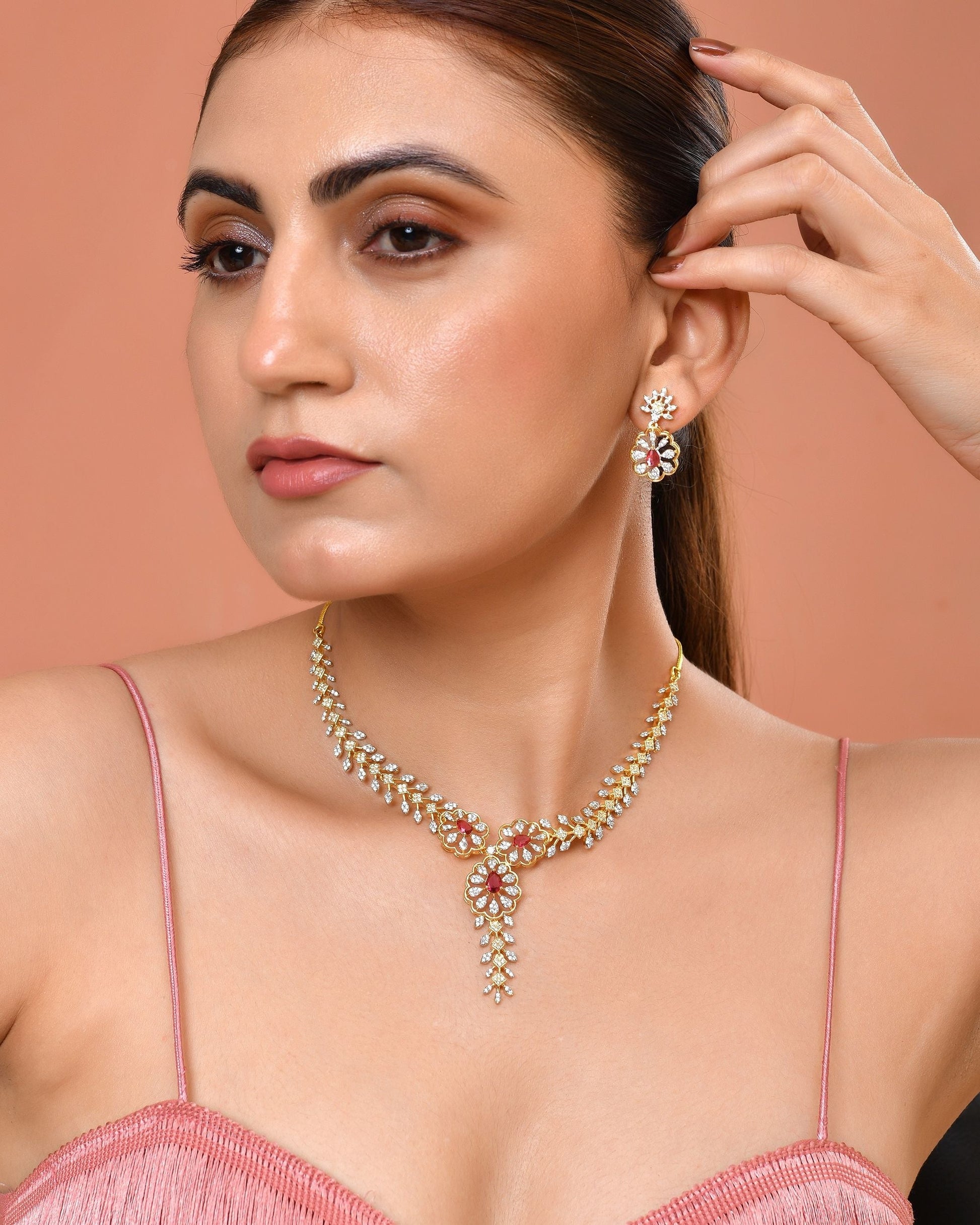 VOJ Gold Plated Lead Designed With Ruby Red Stone Ad Jewellery Set  Grab2Buy VOJ Grab2Buy