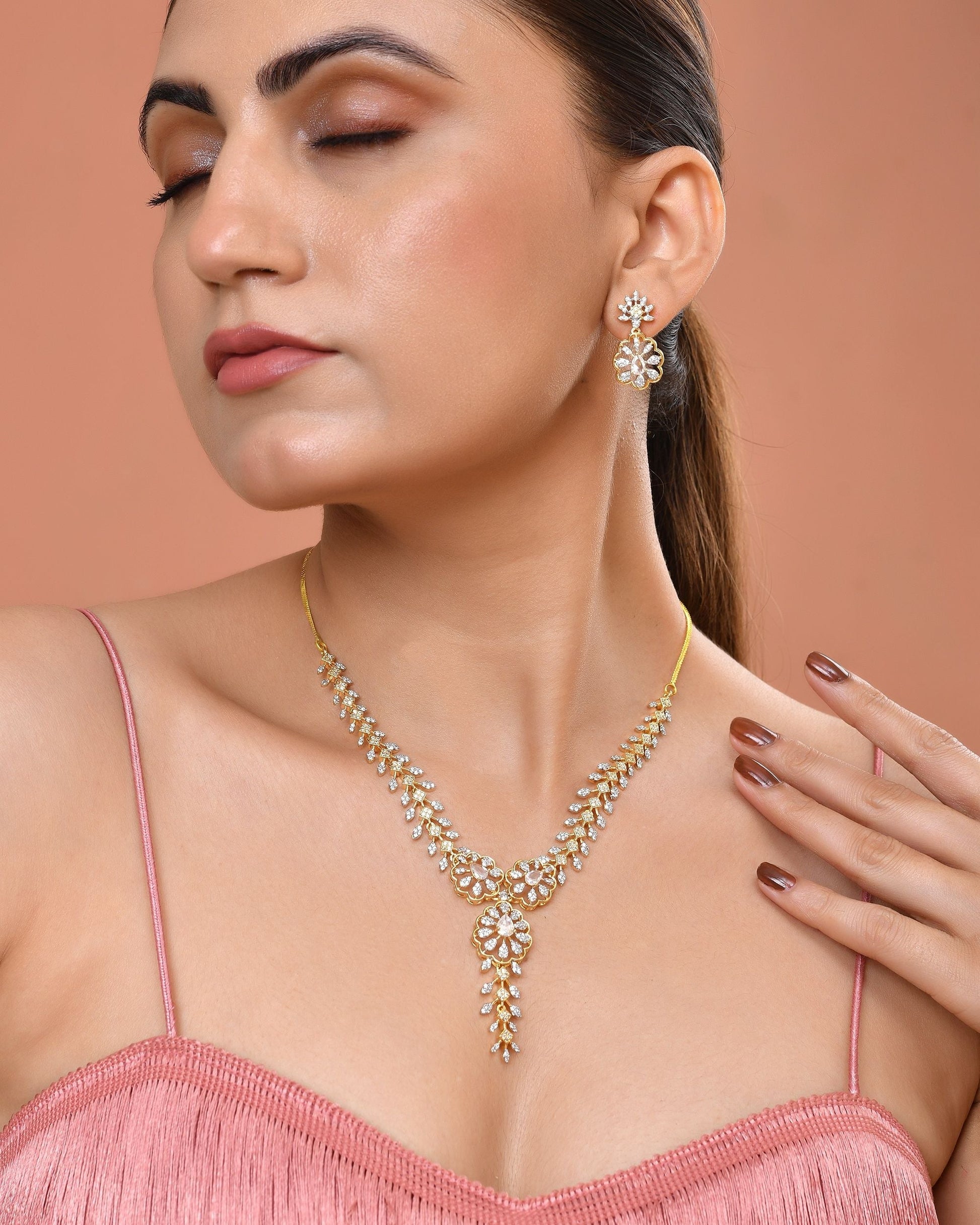 VOJ Gold Plated Lead Designed With White Stone Ad Jewellery Set  Grab2Buy VOJ Grab2Buy