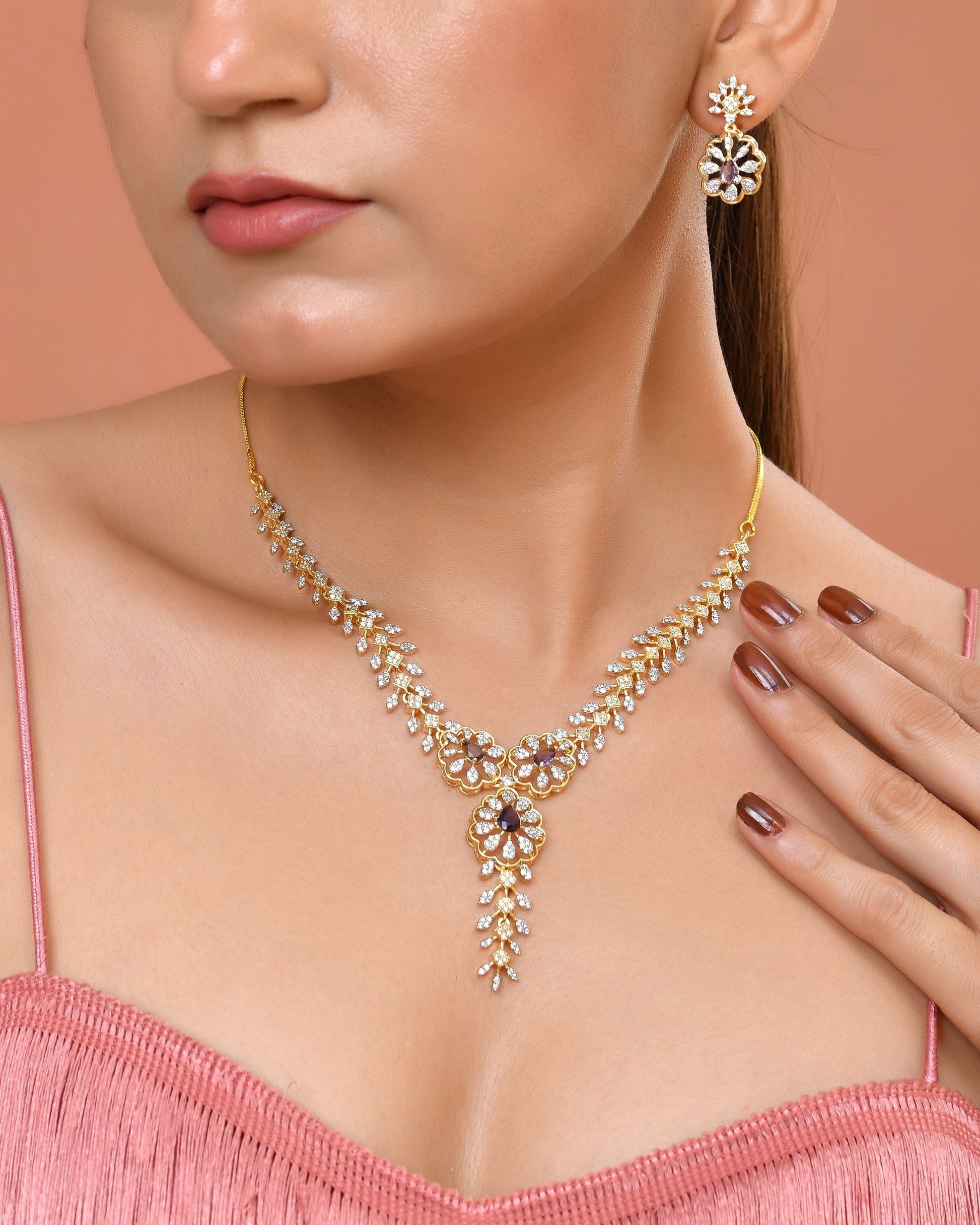 VOJ Gold Plated Lead Designed With Purple Stone Ad Jewellery Set  Grab2Buy VOJ Grab2Buy