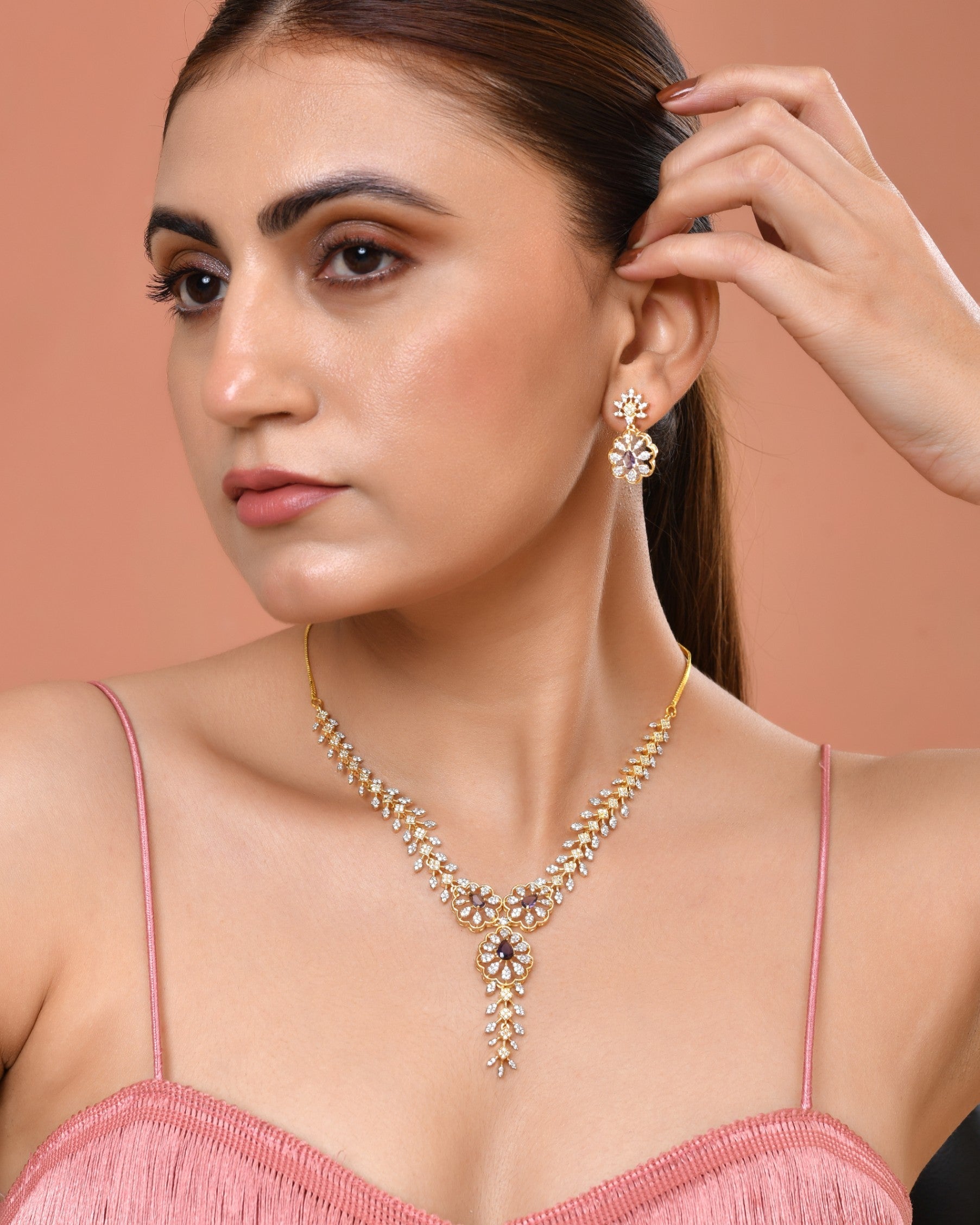 VOJ Gold Plated Lead Designed With Purple Stone Ad Jewellery Set  Grab2Buy VOJ Grab2Buy