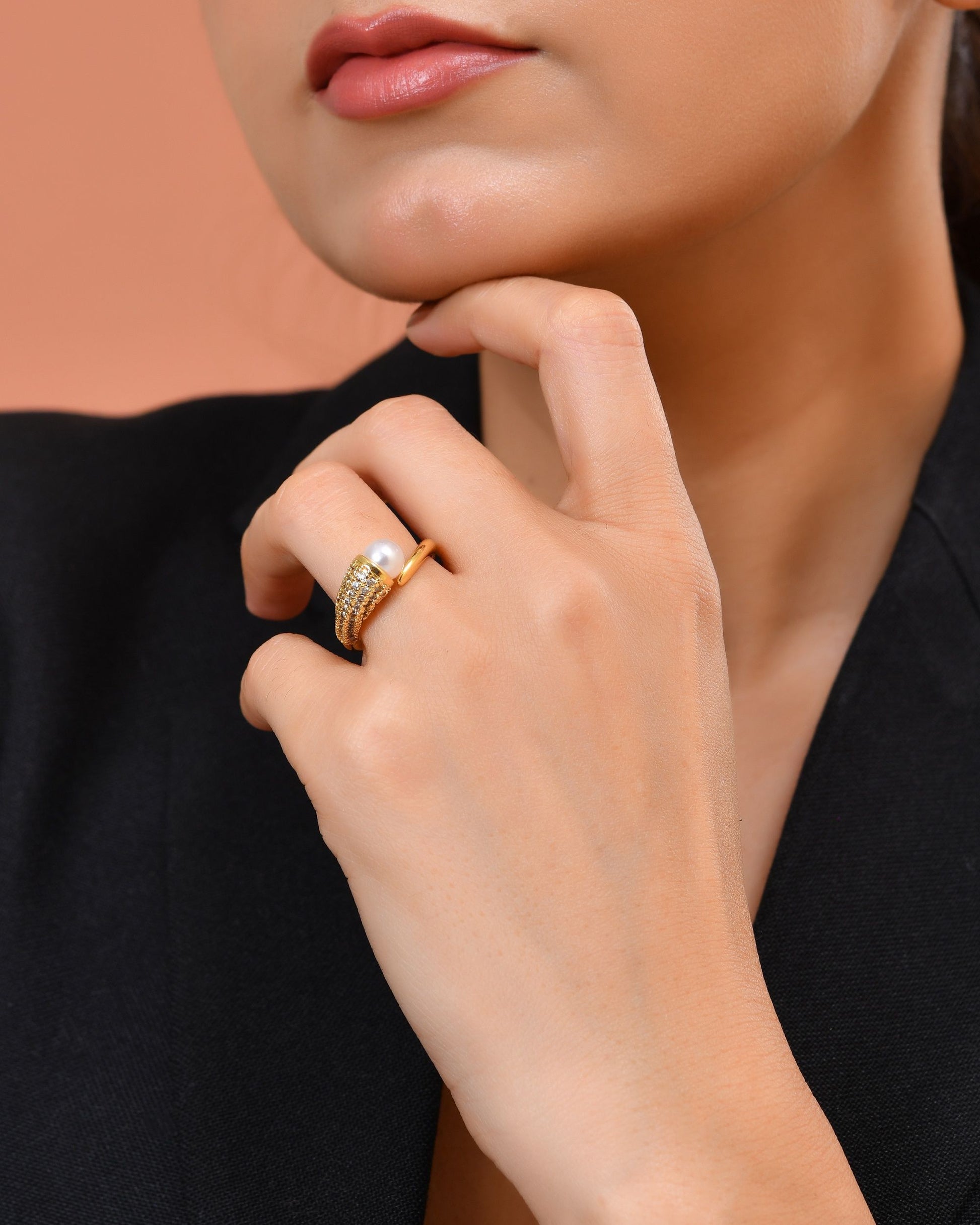 VOJ Gold Plated Anti Tarnish Pearl And Ad Stone Studded Ring For Women  Grab2Buy VOJ Grab2Buy