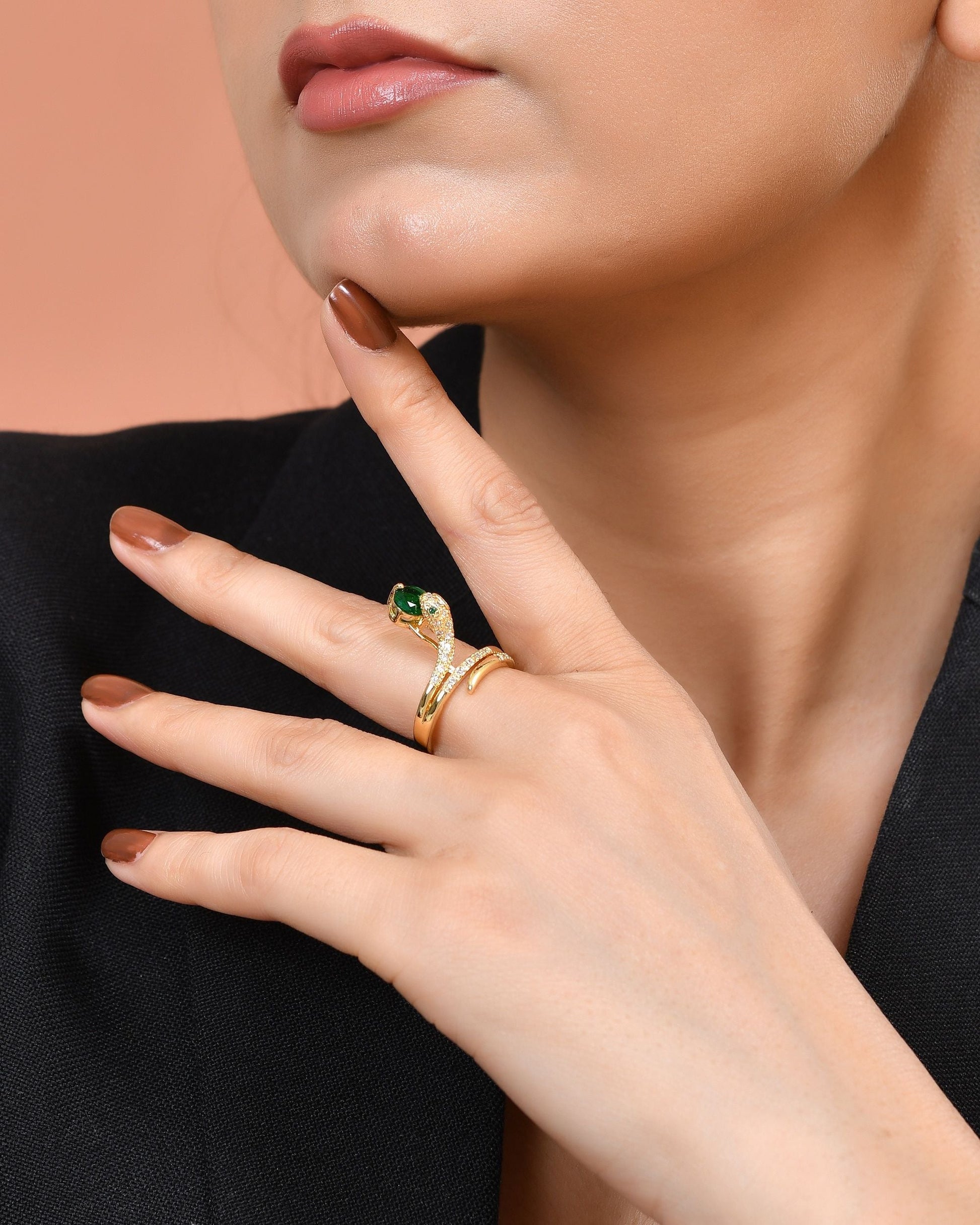 VOJ Gold Plated Snake Design Ad Ring With Green Stone  Grab2Buy VOJ Grab2Buy