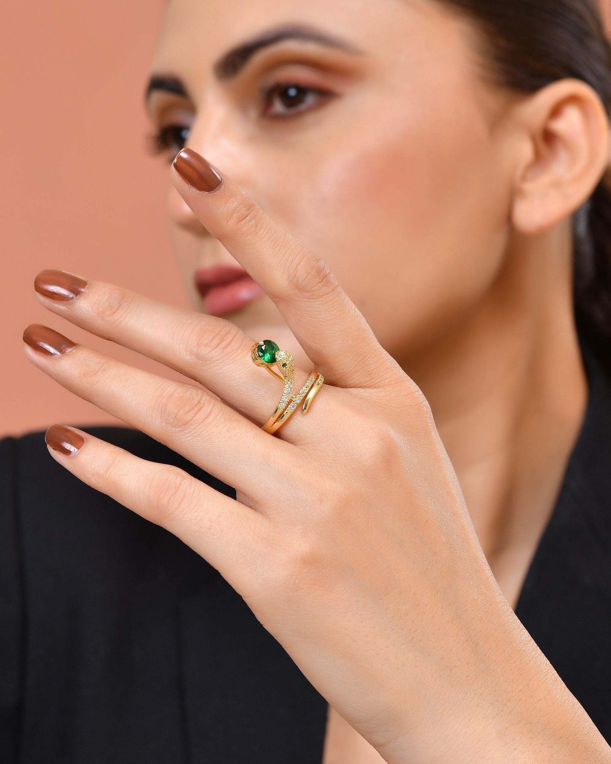 VOJ Gold Plated Snake Design Ad Ring With Green Stone  Grab2Buy VOJ Grab2Buy