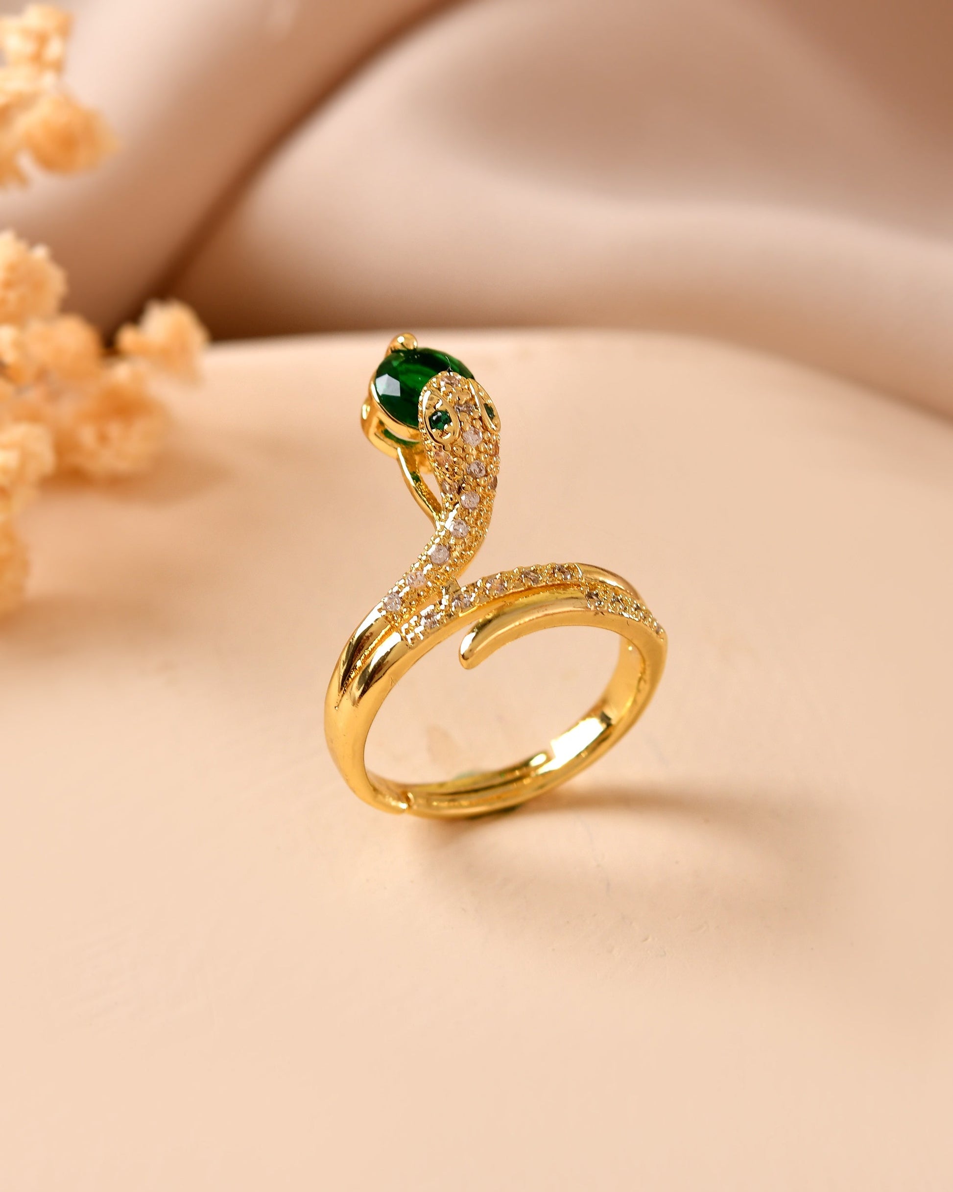VOJ Gold Plated Snake Design Ad Ring With Green Stone  Grab2Buy VOJ Grab2Buy
