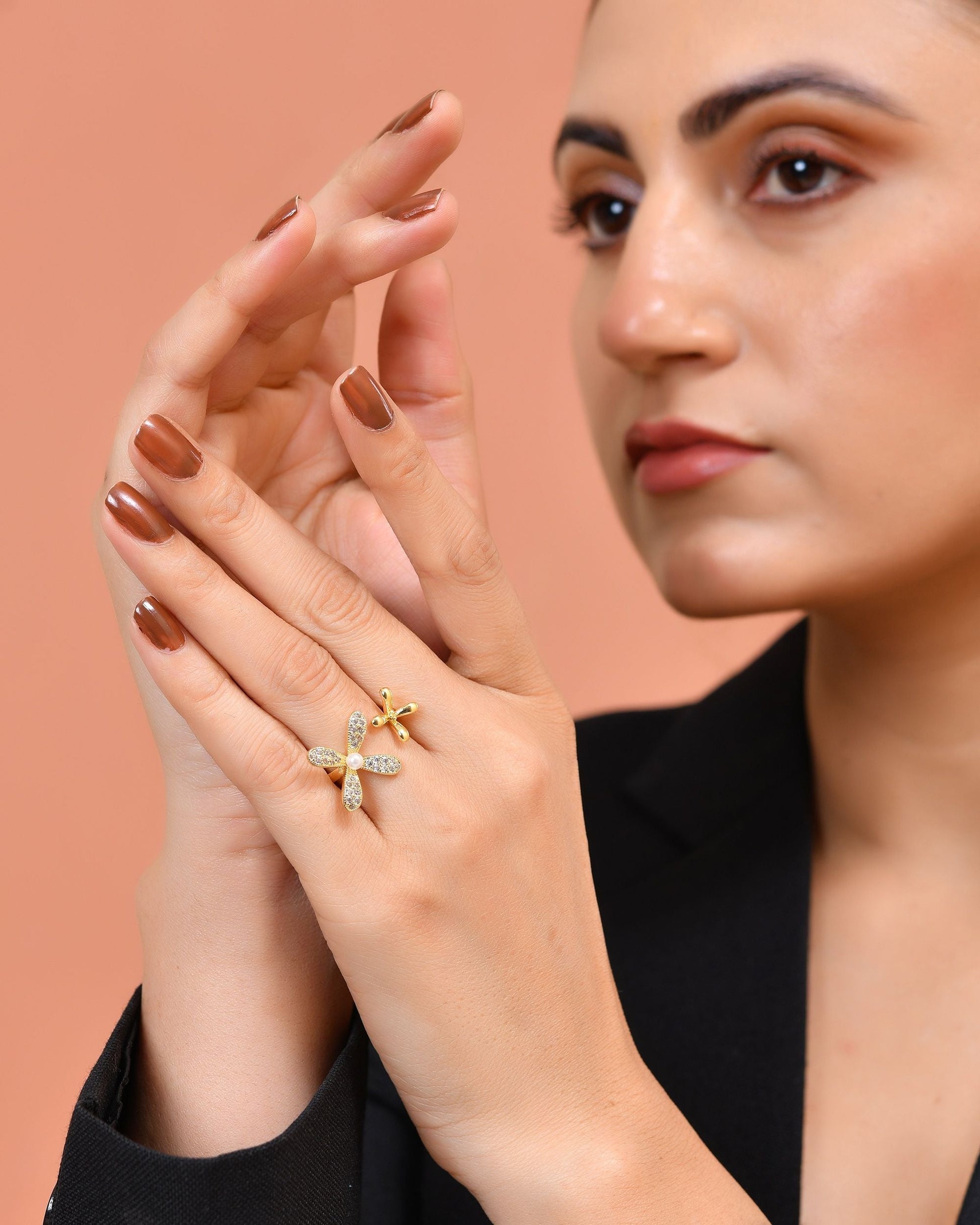 VOJ Gold Toned Floral Designed Adjustable Ring With Ad Stones  Grab2Buy VOJ Grab2Buy