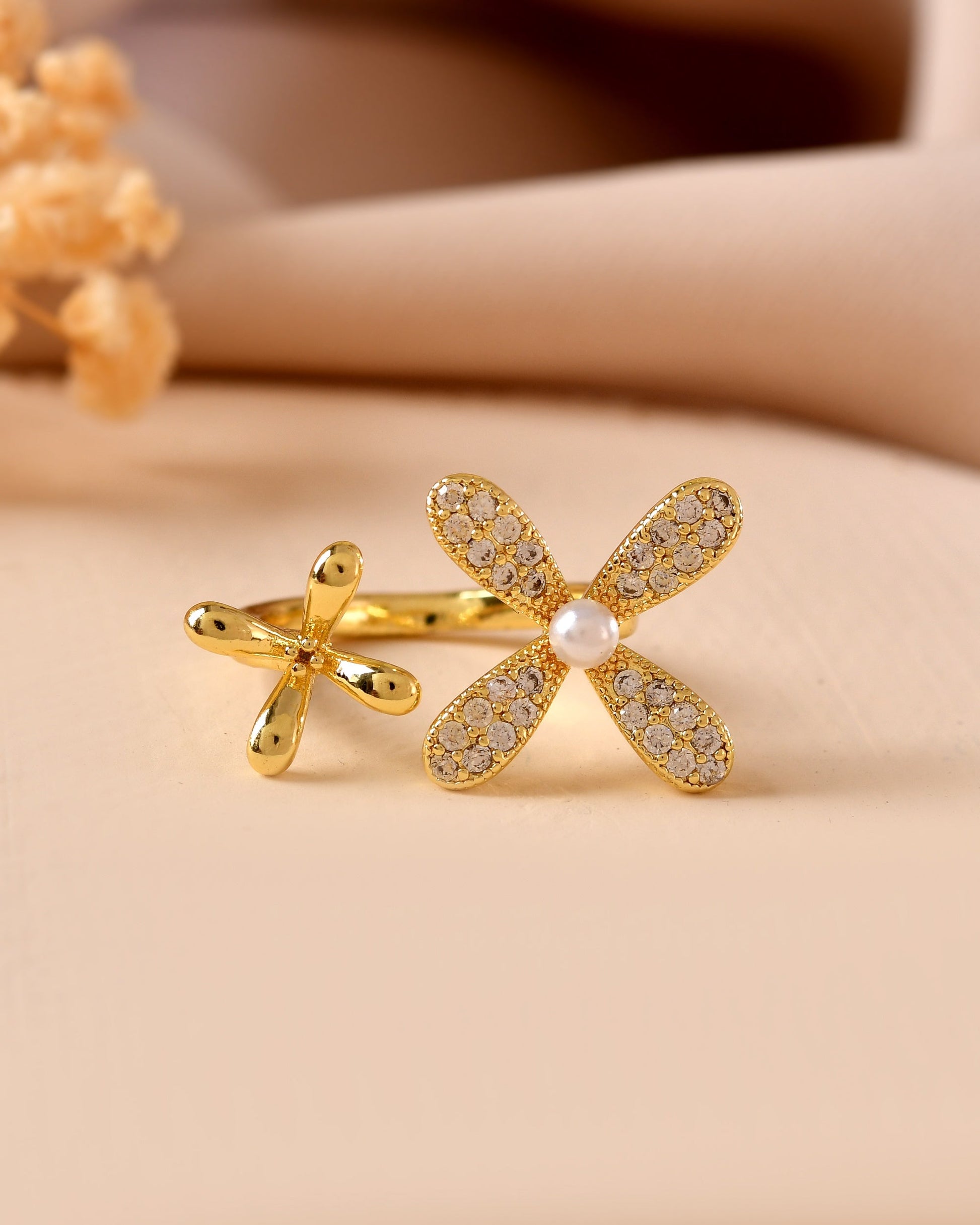 VOJ Gold Toned Floral Designed Adjustable Ring With Ad Stones  Grab2Buy VOJ Grab2Buy