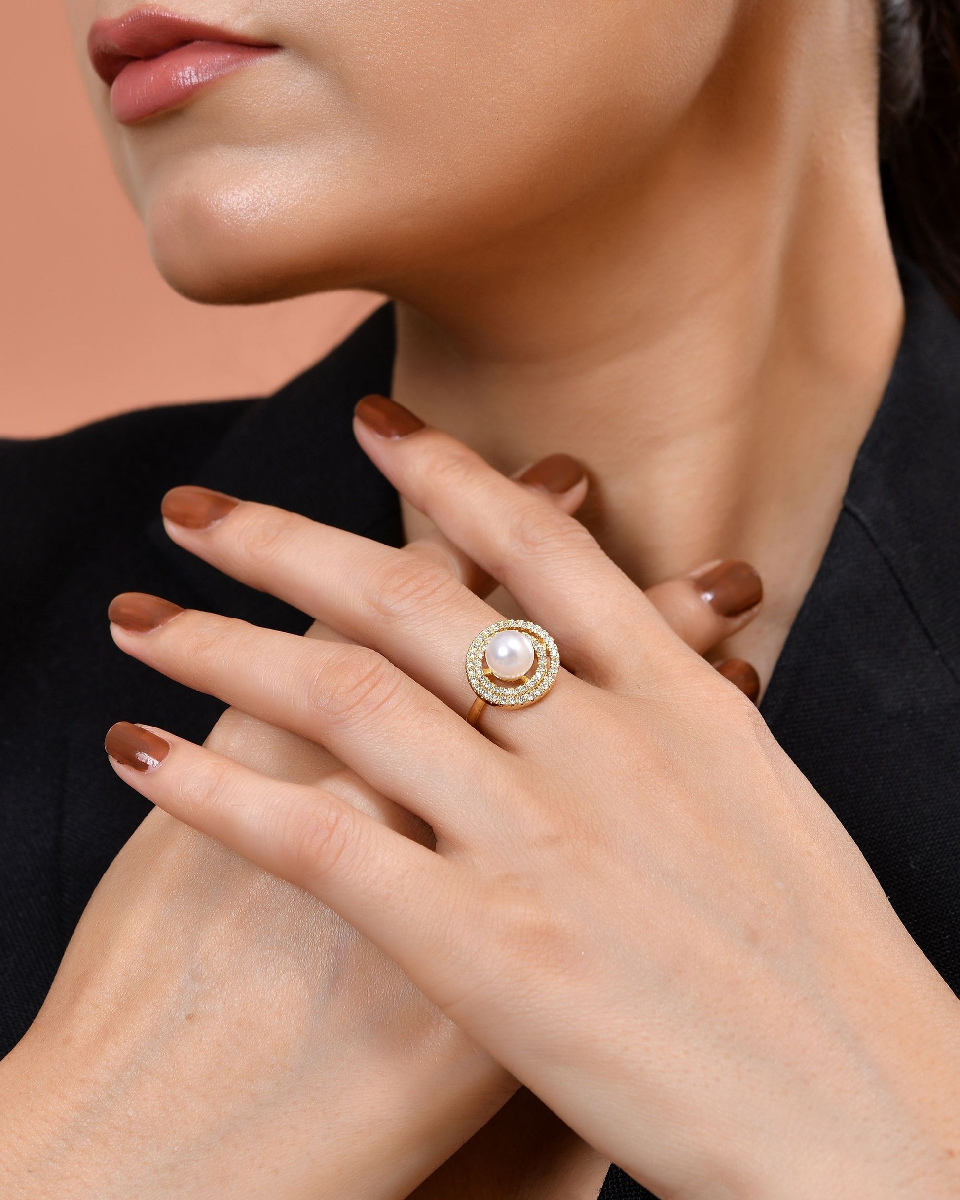 VOJ Gold Plated Pearl Studded Ring With Ad Stones  Grab2Buy VOJ Grab2Buy