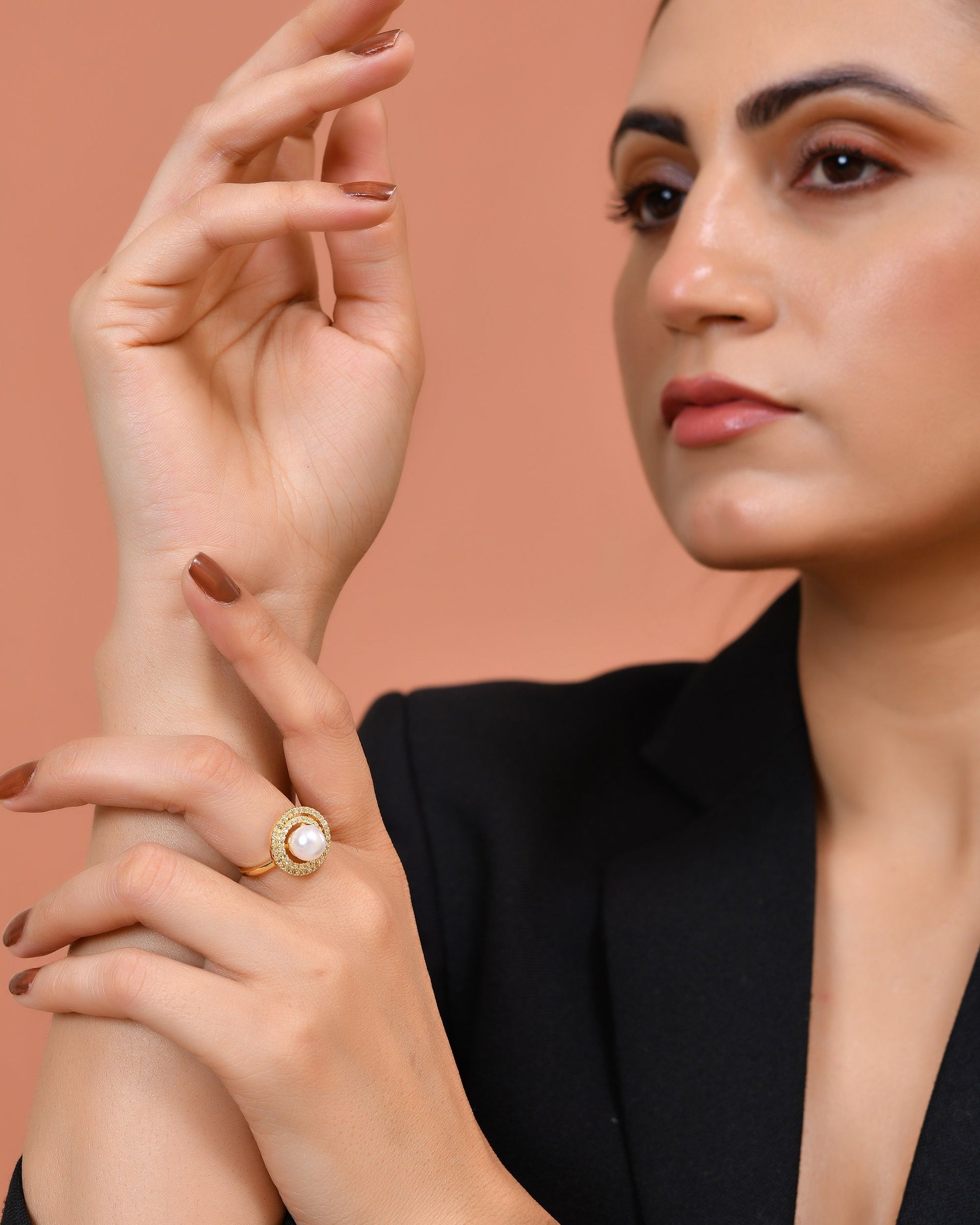 VOJ Gold Plated Pearl Studded Ring With Ad Stones  Grab2Buy VOJ Grab2Buy