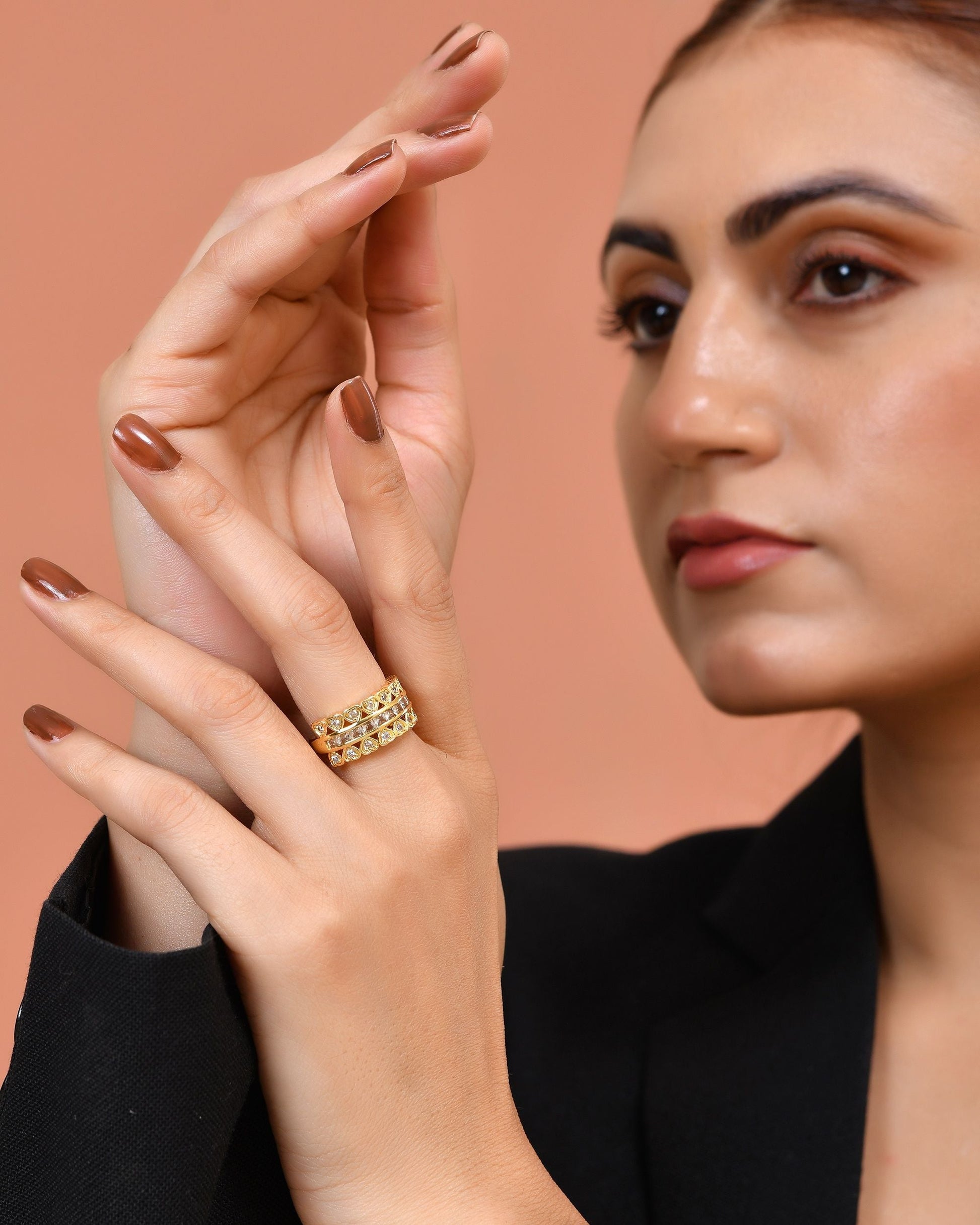 VOJ Gold Plated Ad Stone Studded Heart Designed Adjustable Ring  Grab2Buy VOJ Grab2Buy