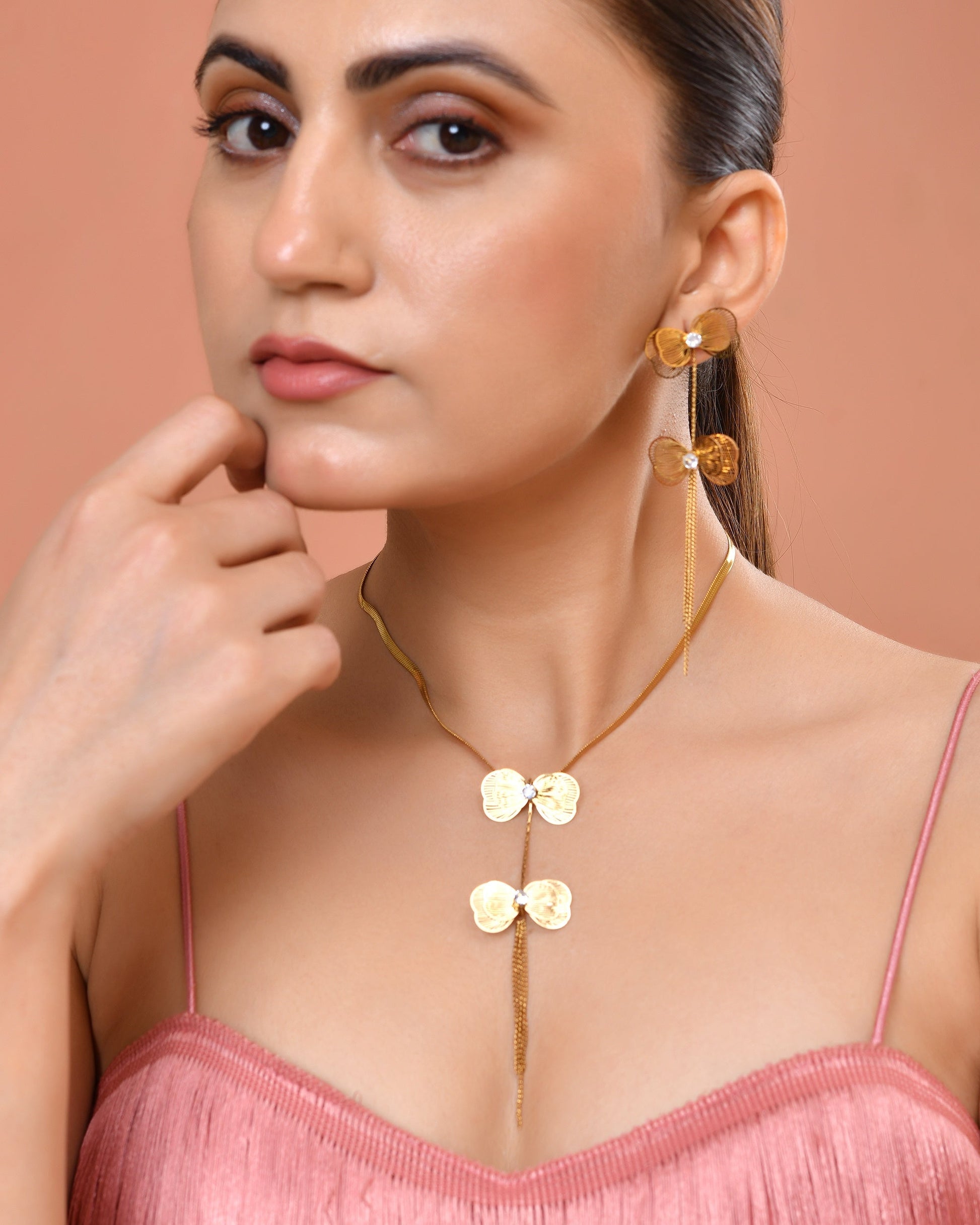 VOJ Gold-Toned Butterfly Design Pendant Necklace With Tassel Earrings Set  Grab2Buy VOJ Grab2Buy