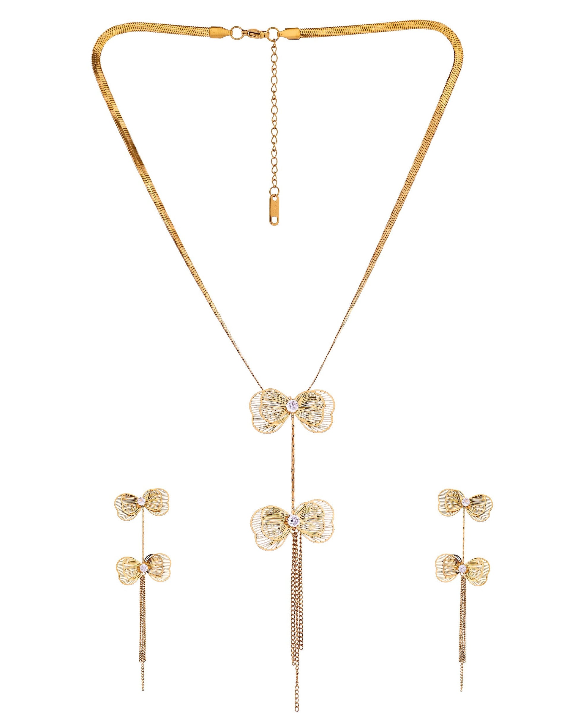 VOJ Gold-Toned Butterfly Design Pendant Necklace With Tassel Earrings Set  Grab2Buy VOJ Grab2Buy