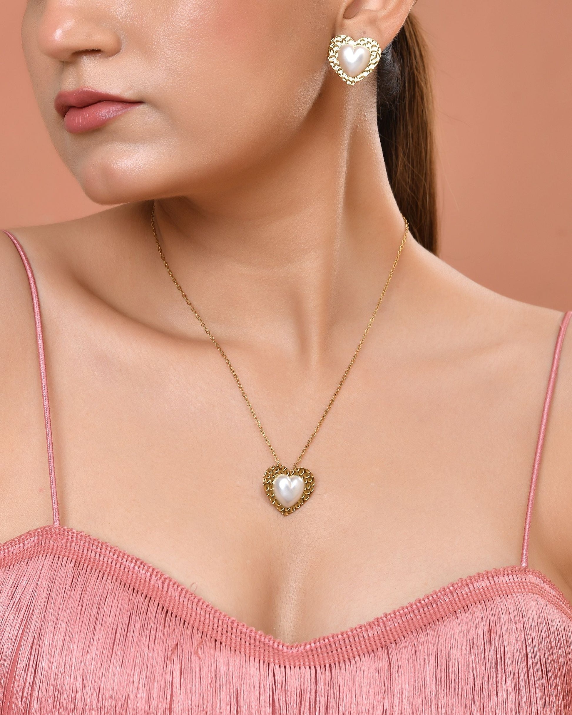VOJ Gold Toned Pearl Studded Heart Shaped Pendant And Earrings With Chain Set  Grab2Buy VOJ Grab2Buy