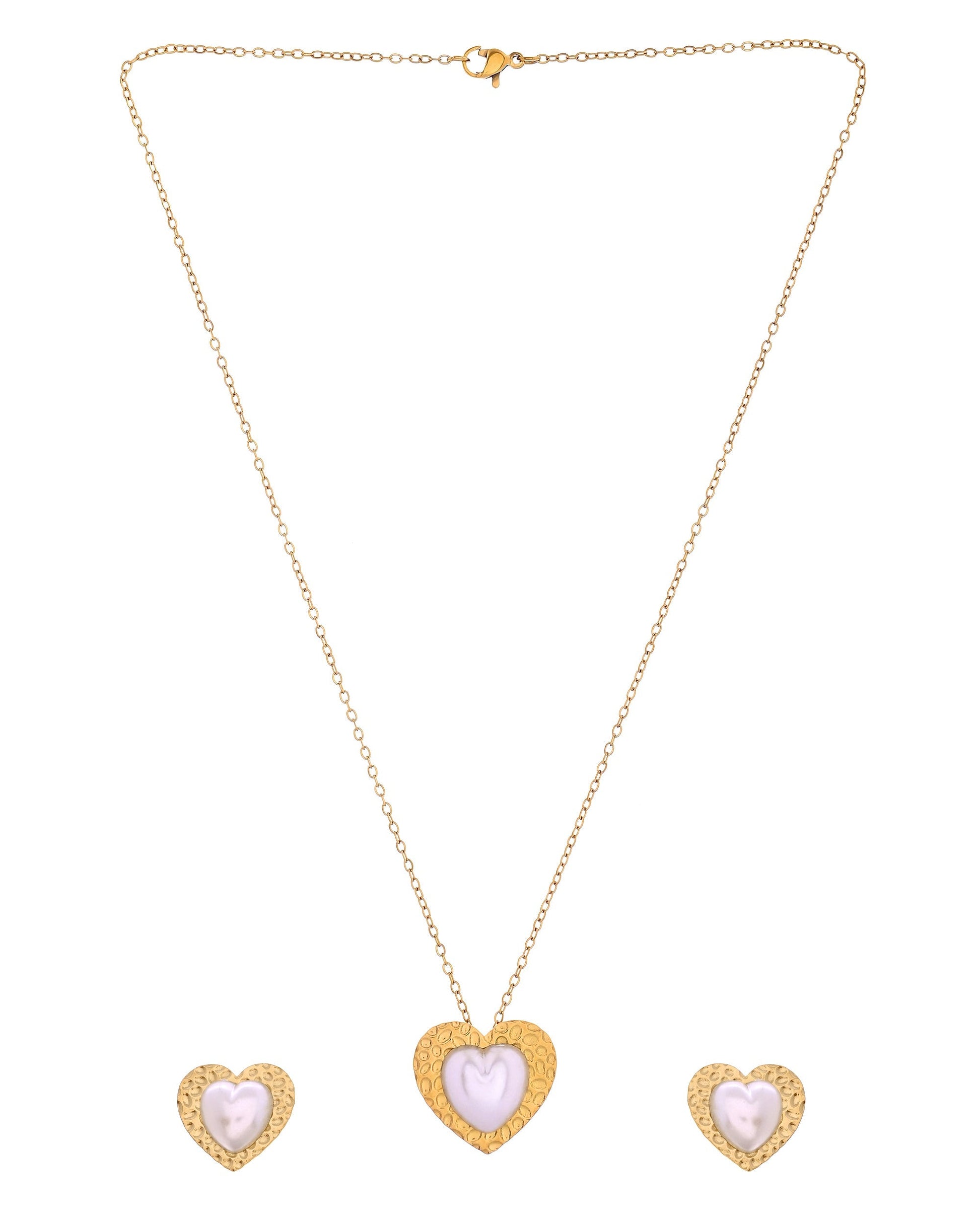 VOJ Gold Toned Pearl Studded Heart Shaped Pendant And Earrings With Chain Set  Grab2Buy VOJ Grab2Buy