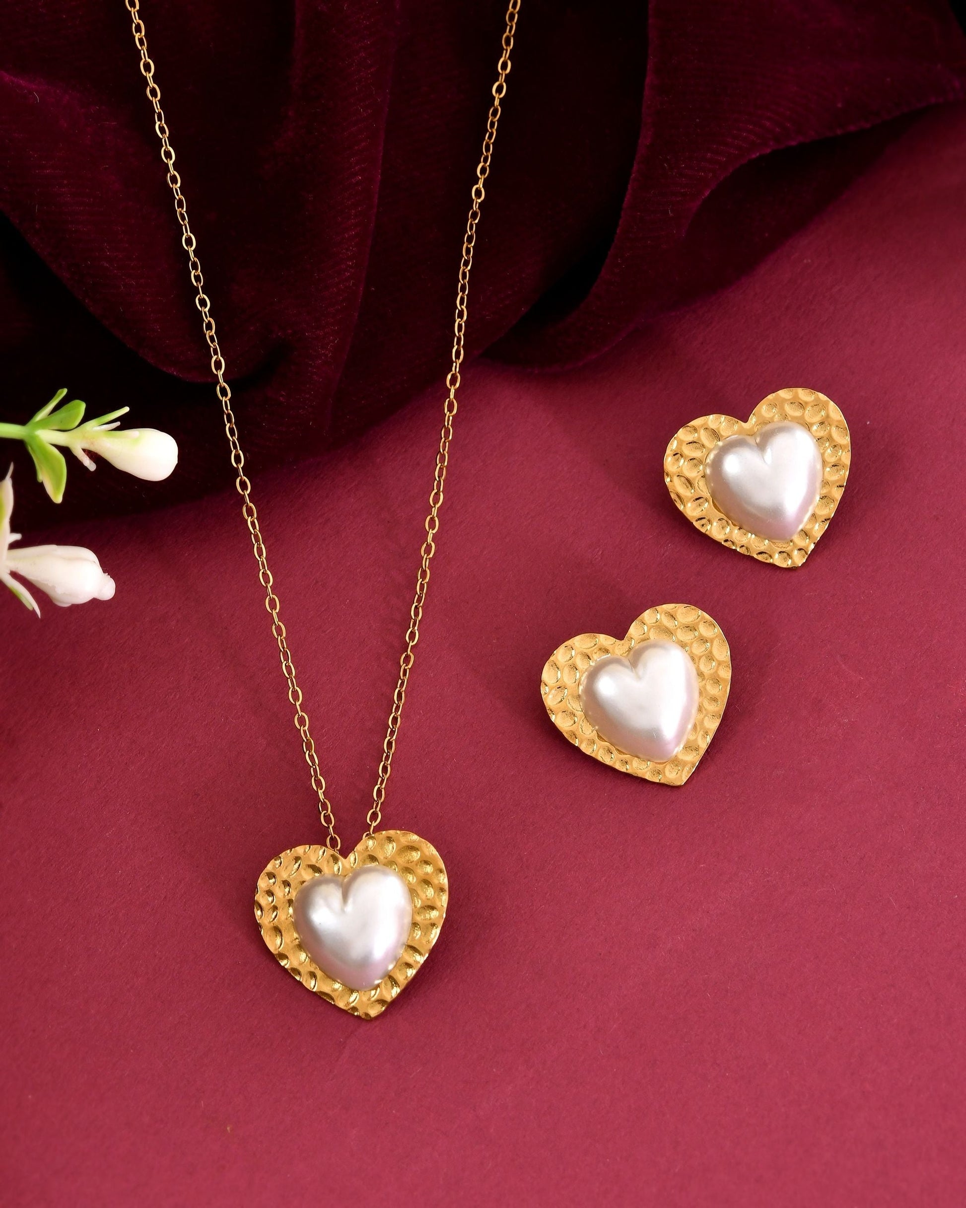 VOJ Gold Toned Pearl Studded Heart Shaped Pendant And Earrings With Chain Set  Grab2Buy VOJ Grab2Buy