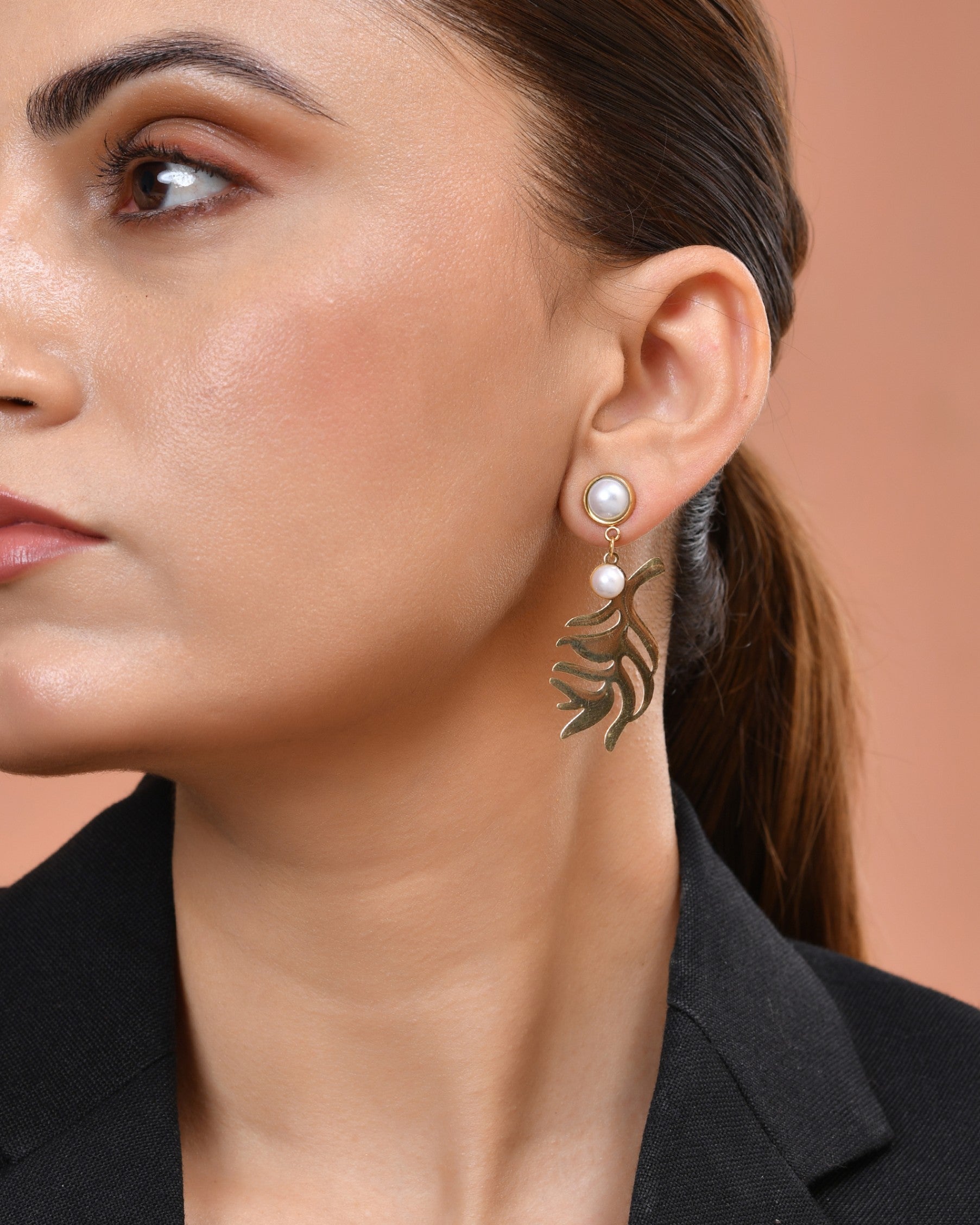 VOJ Gold Plated Leaf Designed Earrings With Pearl  Grab2Buy VOJ Grab2Buy