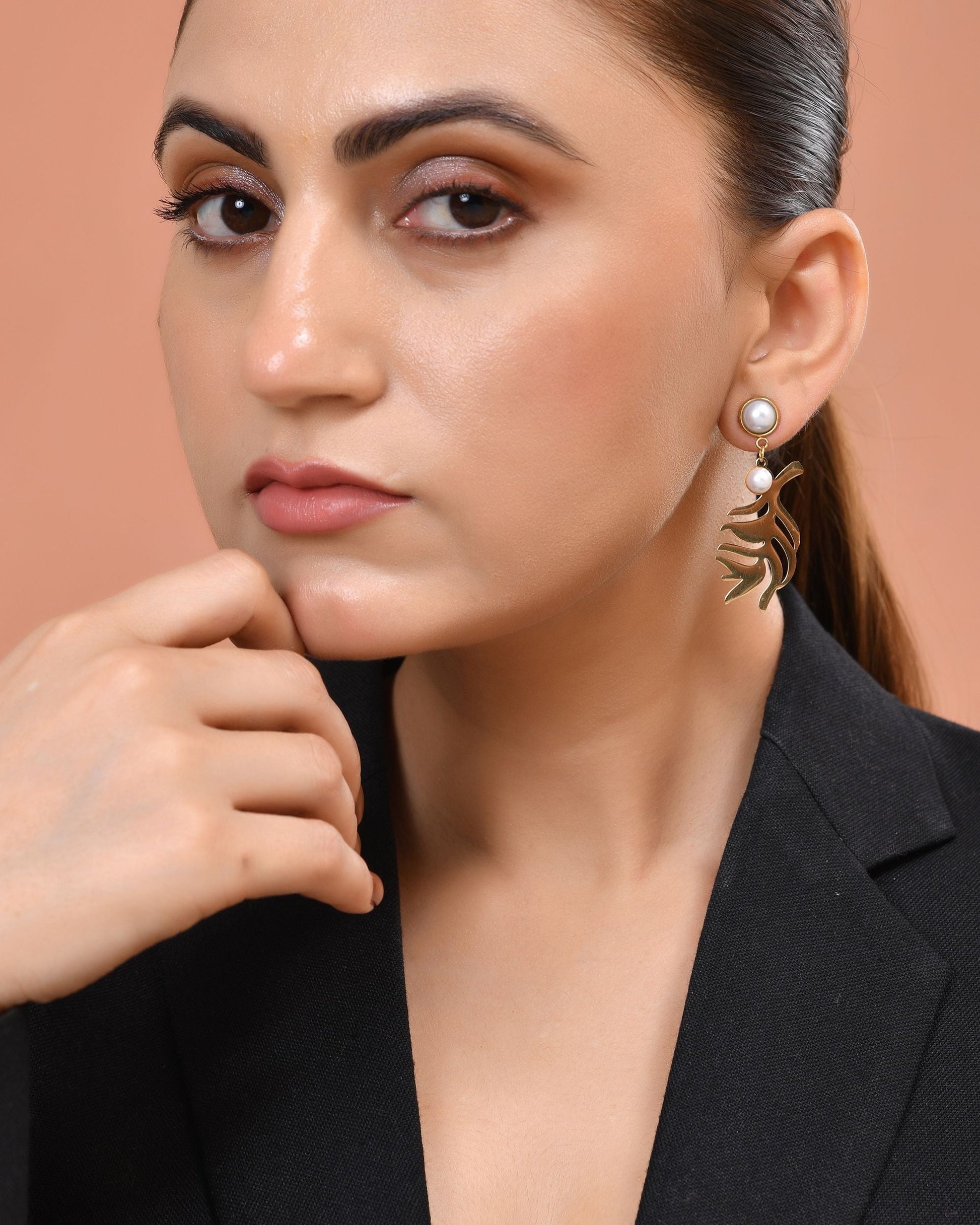 VOJ Gold Plated Leaf Designed Earrings With Pearl  Grab2Buy VOJ Grab2Buy