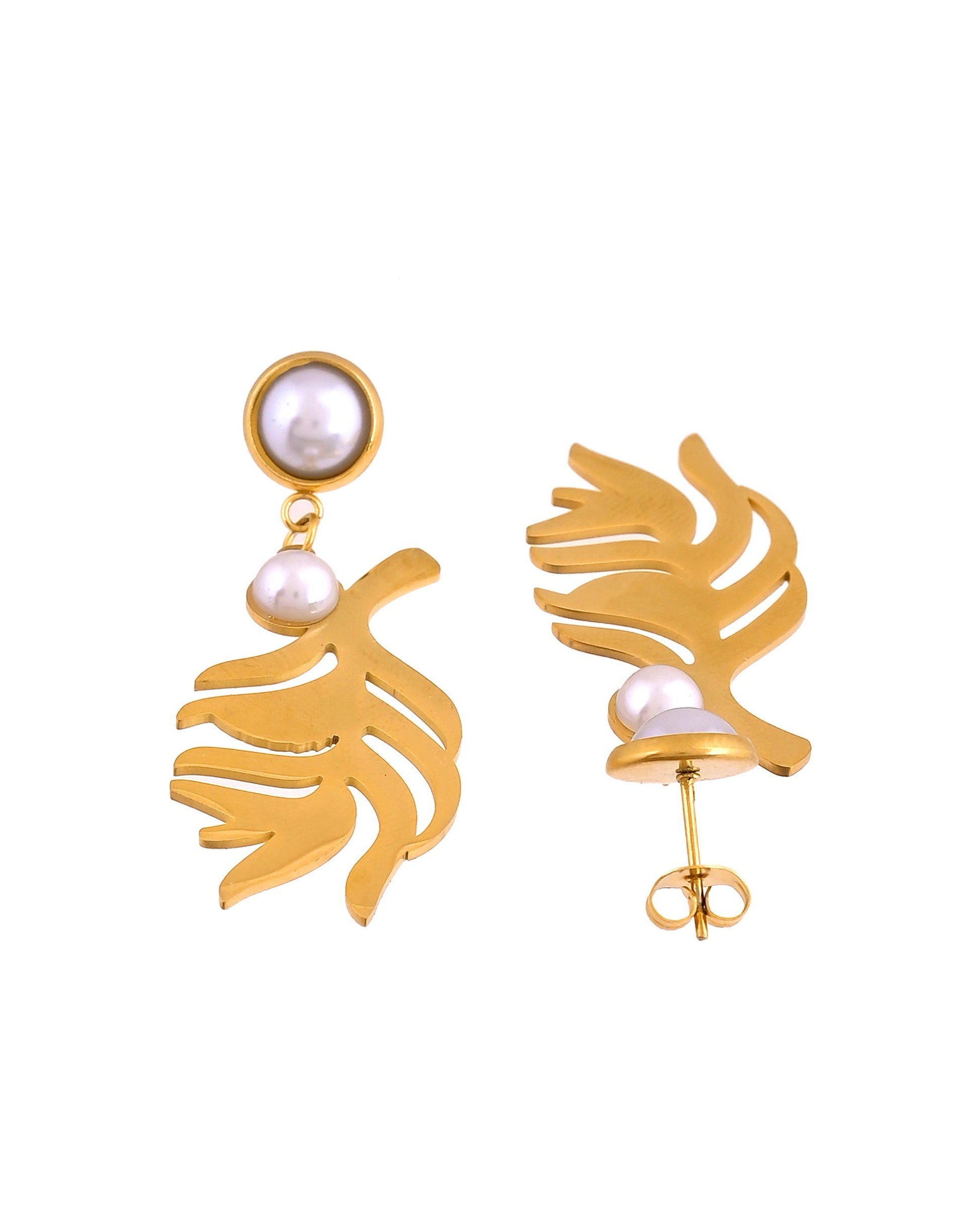 VOJ Gold Plated Leaf Designed Earrings With Pearl  Grab2Buy VOJ Grab2Buy
