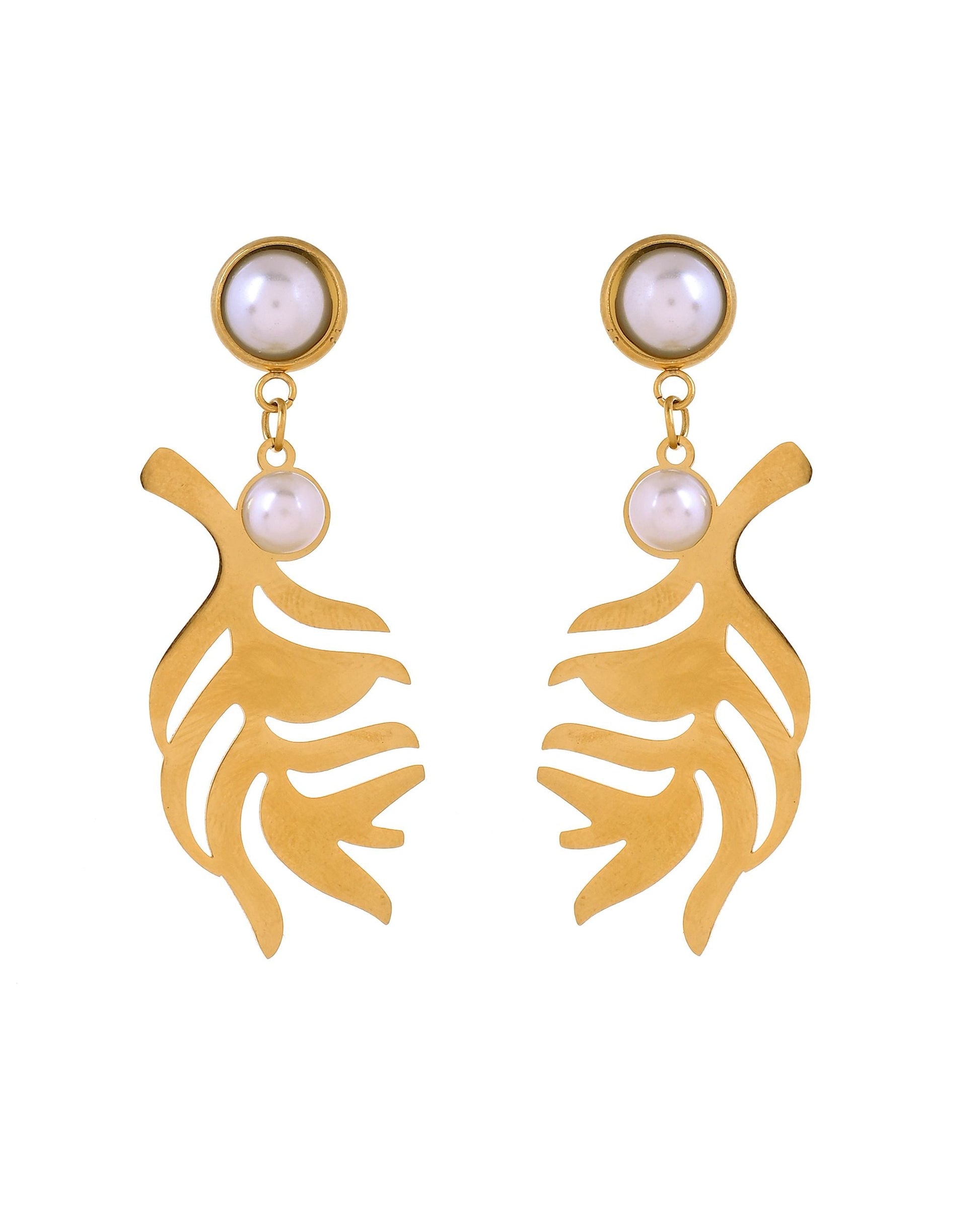 VOJ Gold Plated Leaf Designed Earrings With Pearl  Grab2Buy VOJ Grab2Buy