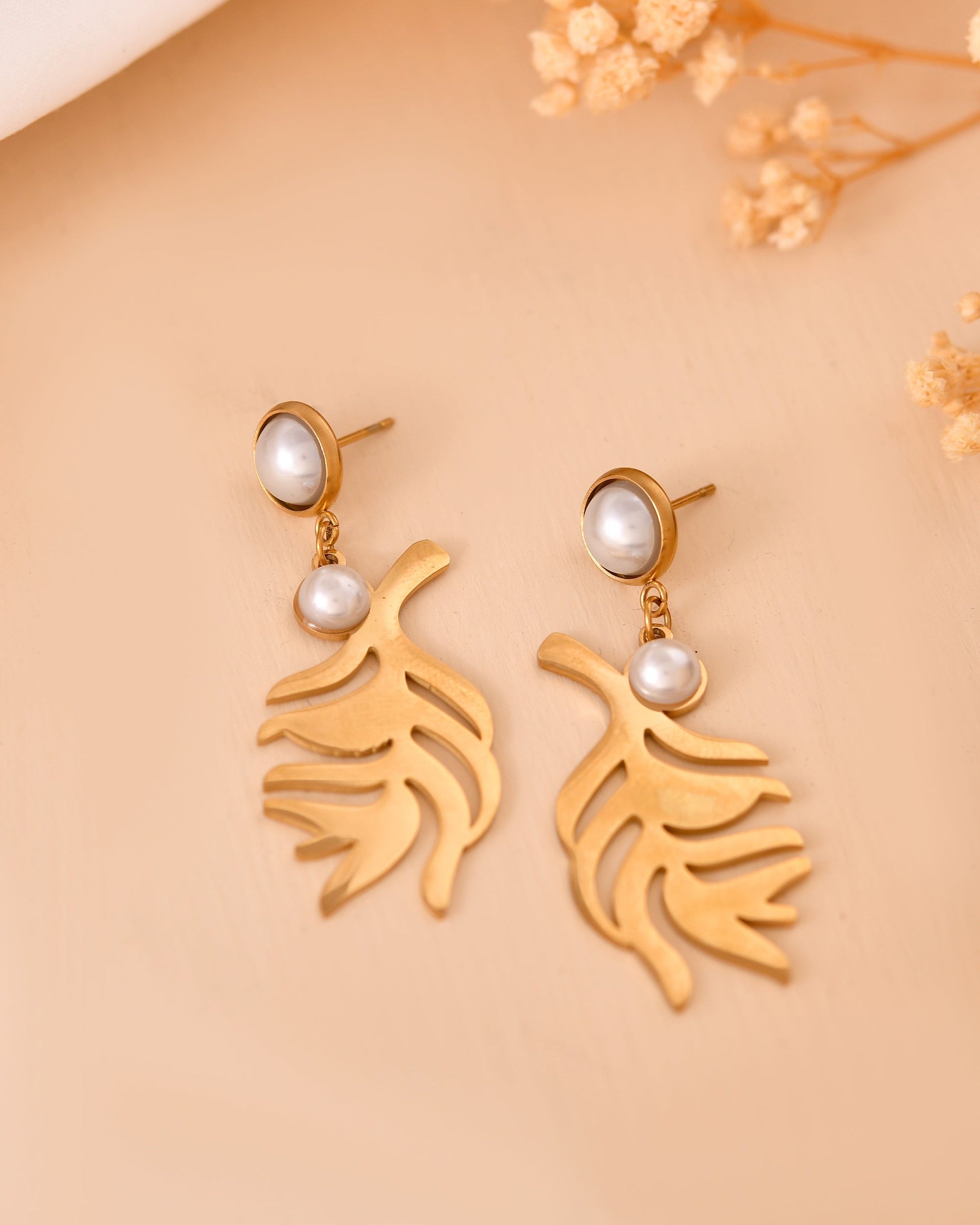 VOJ Gold Plated Leaf Designed Earrings With Pearl  Grab2Buy VOJ Grab2Buy