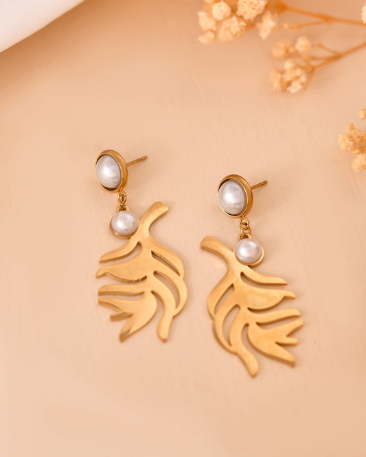VOJ Gold Plated Leaf Designed Earrings With Pearl  Grab2Buy VOJ Grab2Buy
