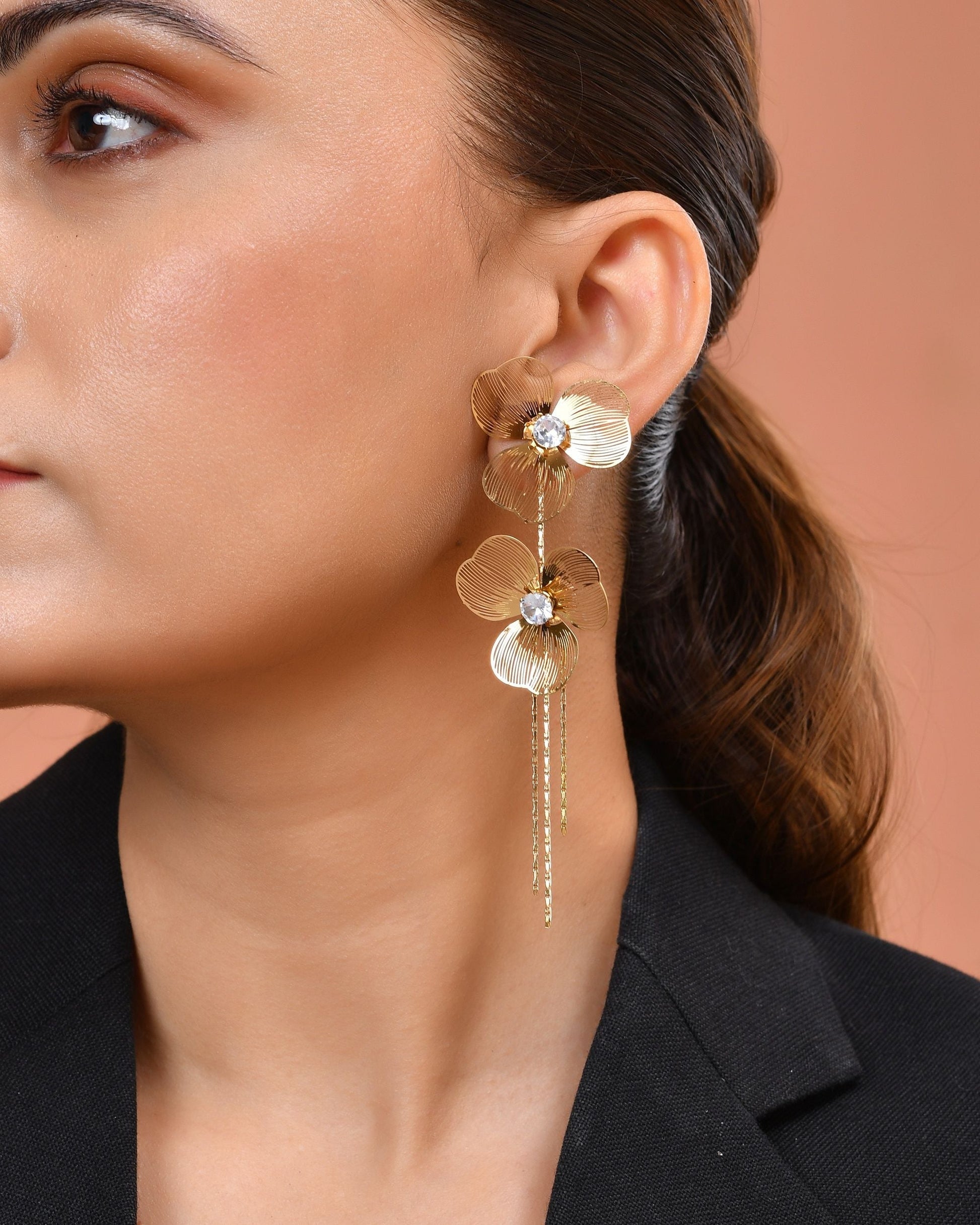 VOJ Gold Toned Floral Design With Tassel Studs Earrings  Grab2Buy VOJ Grab2Buy