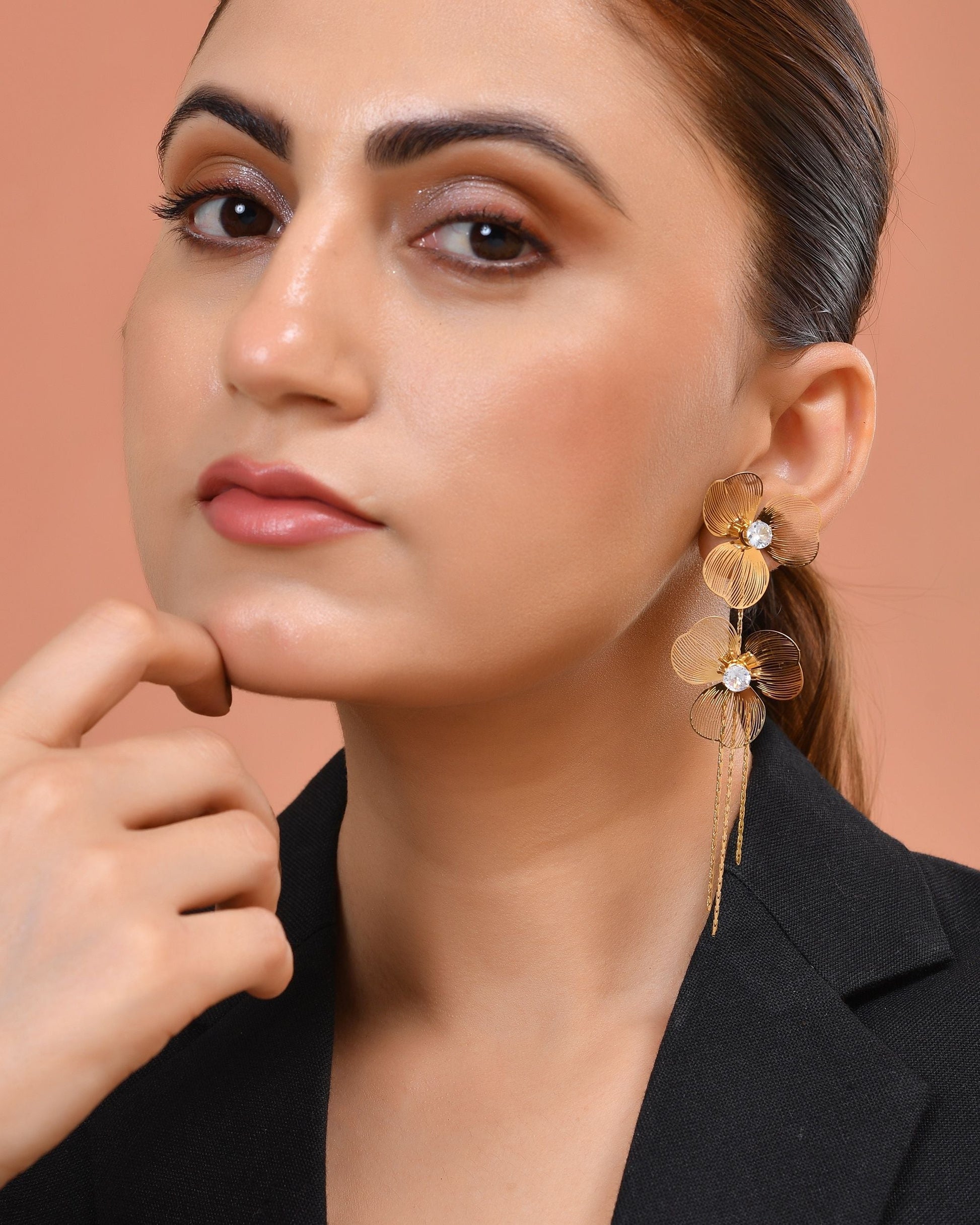 VOJ Gold Toned Floral Design With Tassel Studs Earrings  Grab2Buy VOJ Grab2Buy