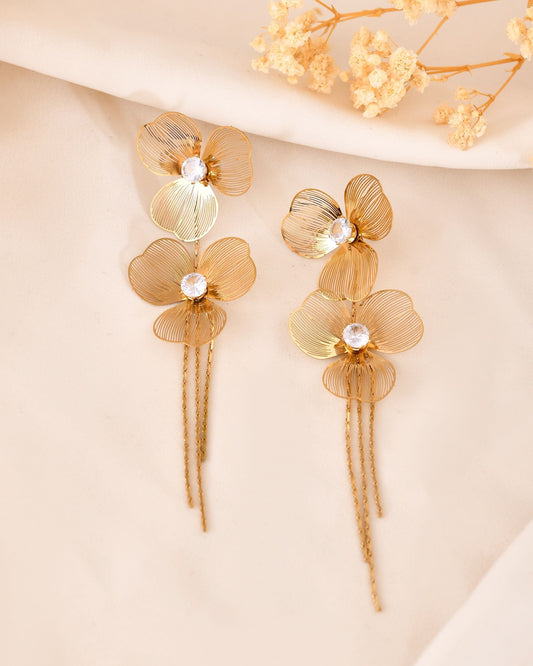 VOJ Gold Toned Floral Design With Tassel Studs Earrings  Grab2Buy VOJ Grab2Buy