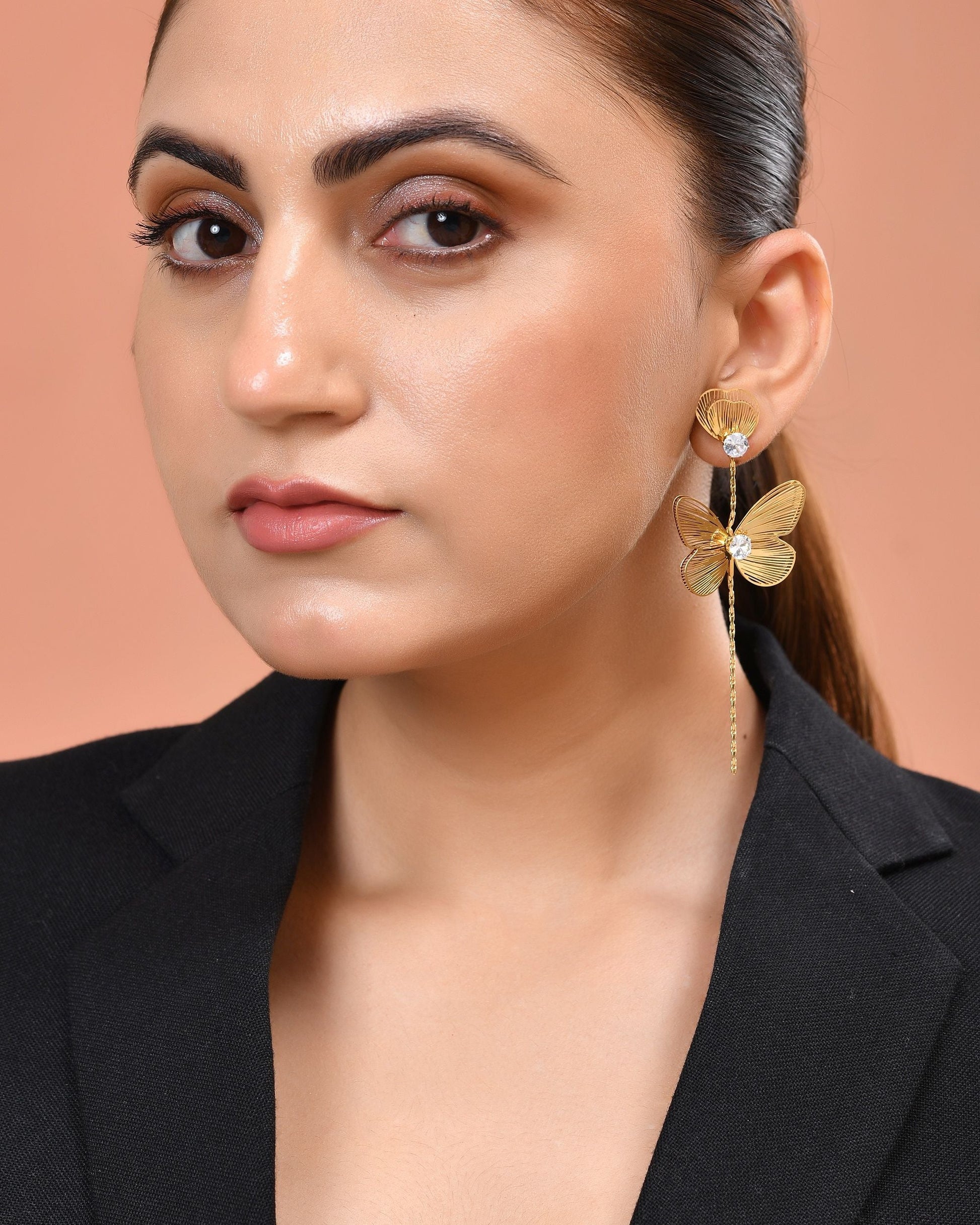 VOJ Gold Toned Single Butterfly Design With Tassel Studs Earrings  Grab2Buy VOJ Grab2Buy