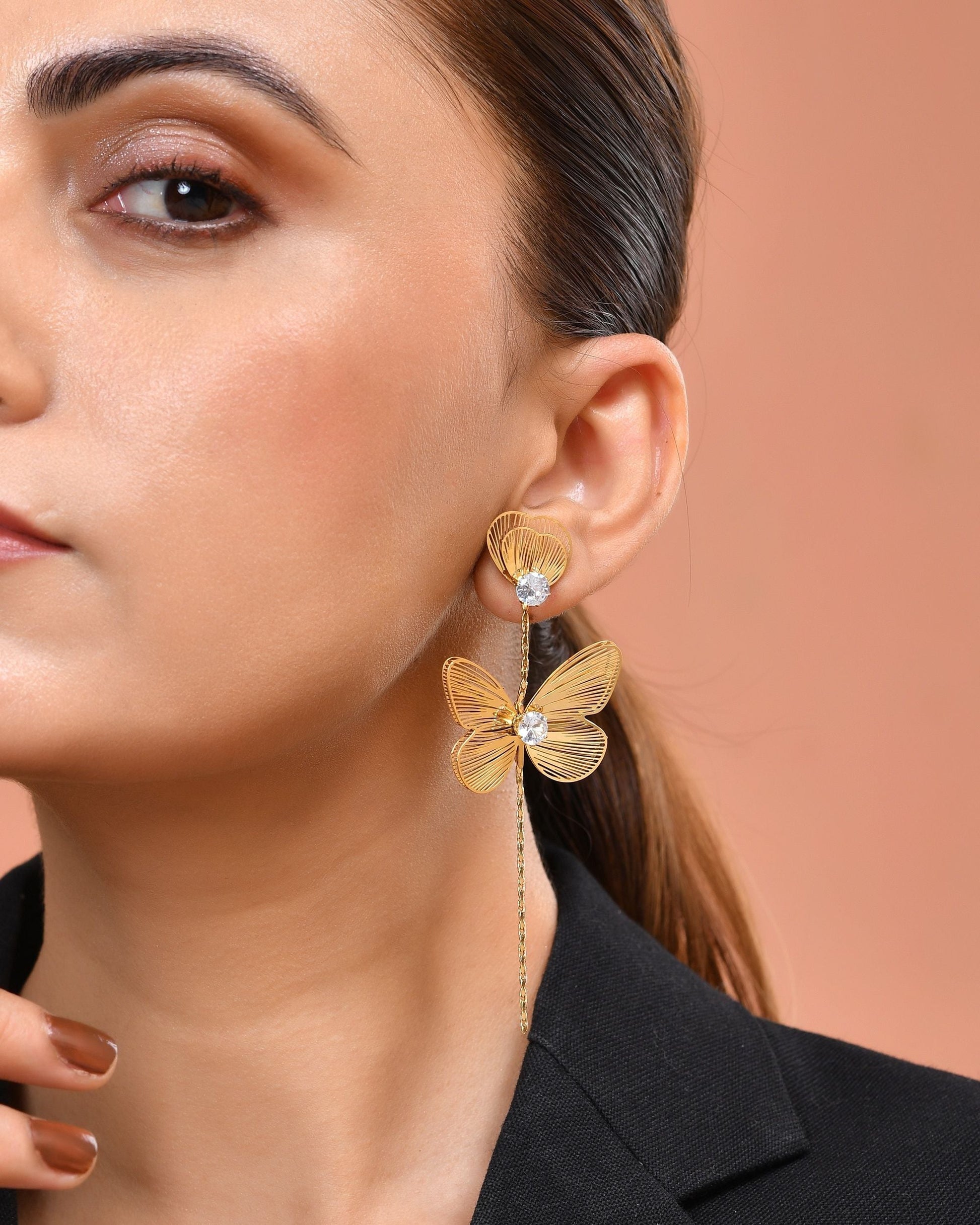 VOJ Gold Toned Single Butterfly Design With Tassel Studs Earrings  Grab2Buy VOJ Grab2Buy