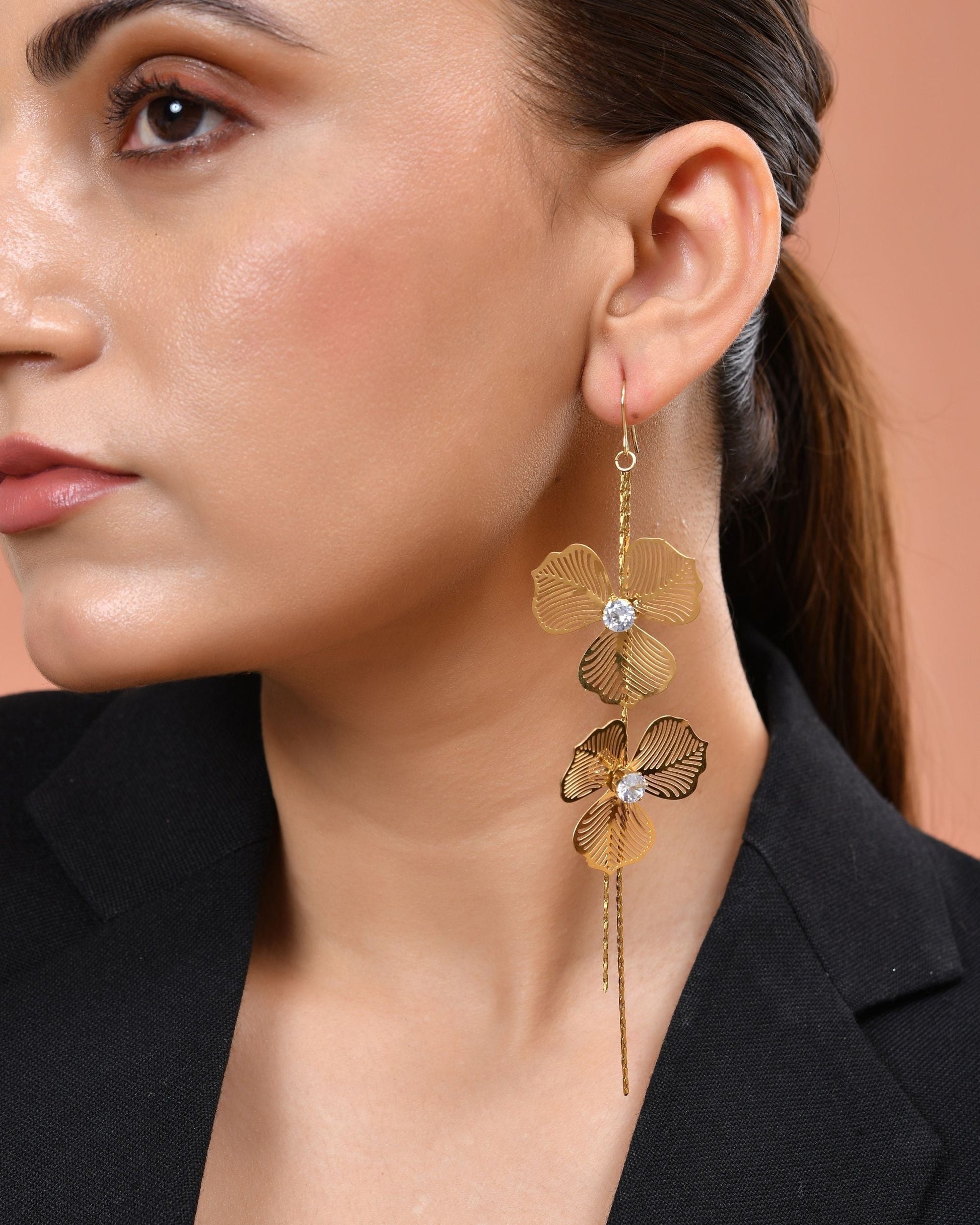VOJ Gold Toned Floral Design With Tassel Drop Earrings  Grab2Buy VOJ Grab2Buy