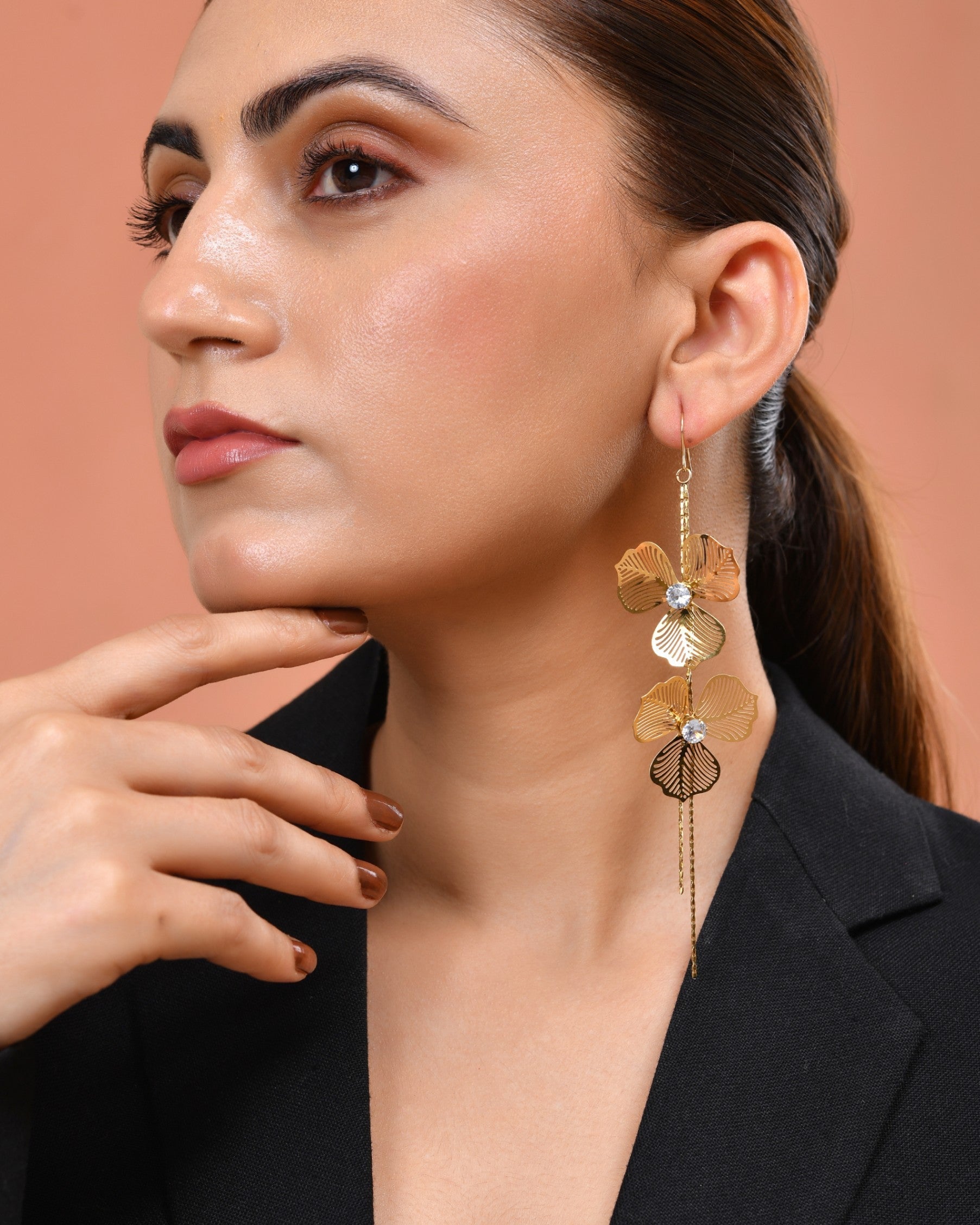 VOJ Gold Toned Floral Design With Tassel Drop Earrings  Grab2Buy VOJ Grab2Buy