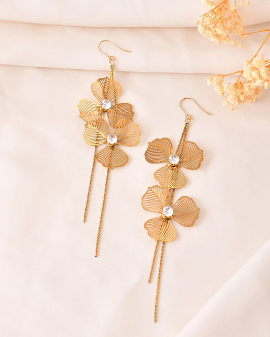 VOJ Gold Toned Floral Design With Tassel Drop Earrings  Grab2Buy VOJ Grab2Buy