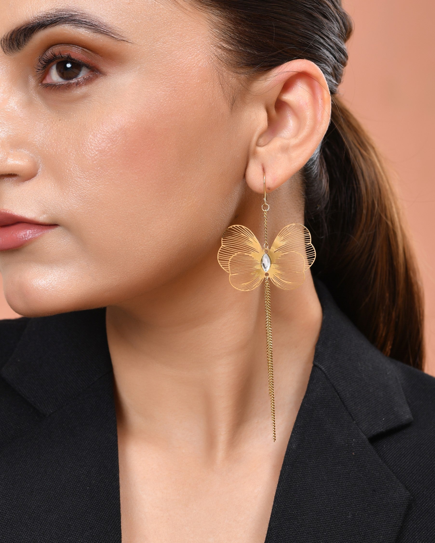 VOJ Gold Toned Single Butterfly Design With Tassel Drop Earrings  Grab2Buy VOJ Grab2Buy