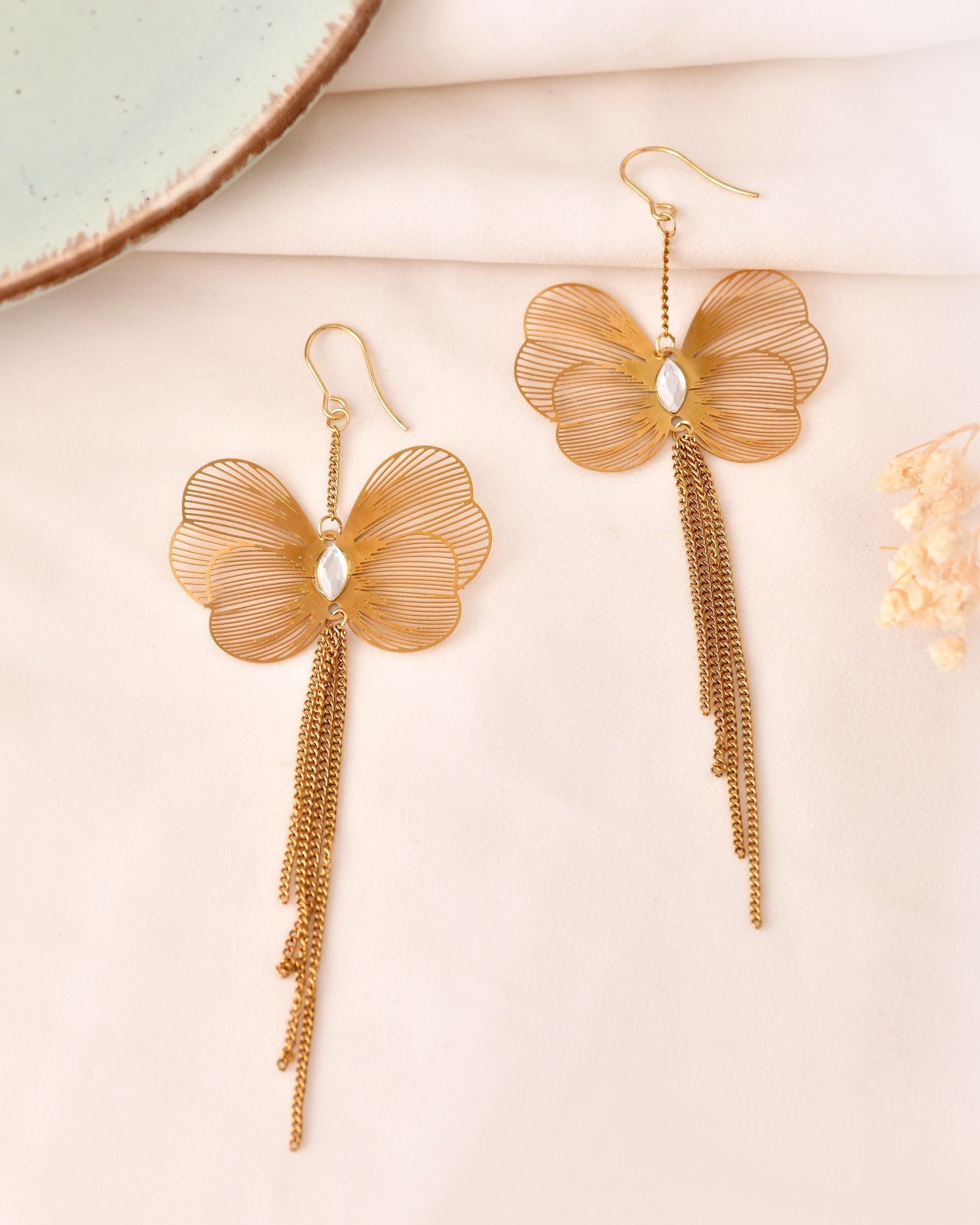 VOJ Gold Toned Single Butterfly Design With Tassel Drop Earrings  Grab2Buy VOJ Grab2Buy