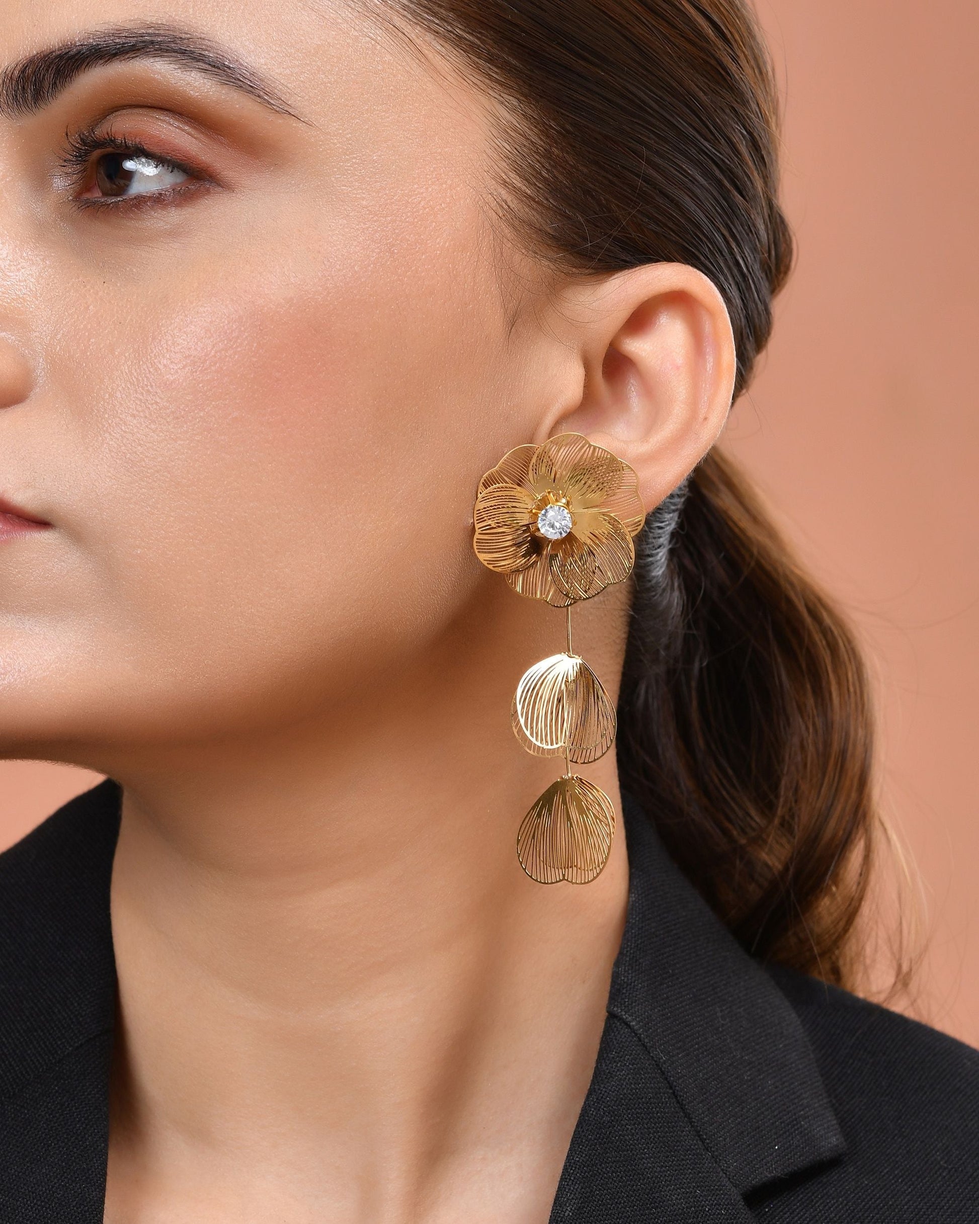 VOJ Gold Toned Floral Designed Studs Earrings  Grab2Buy VOJ Grab2Buy