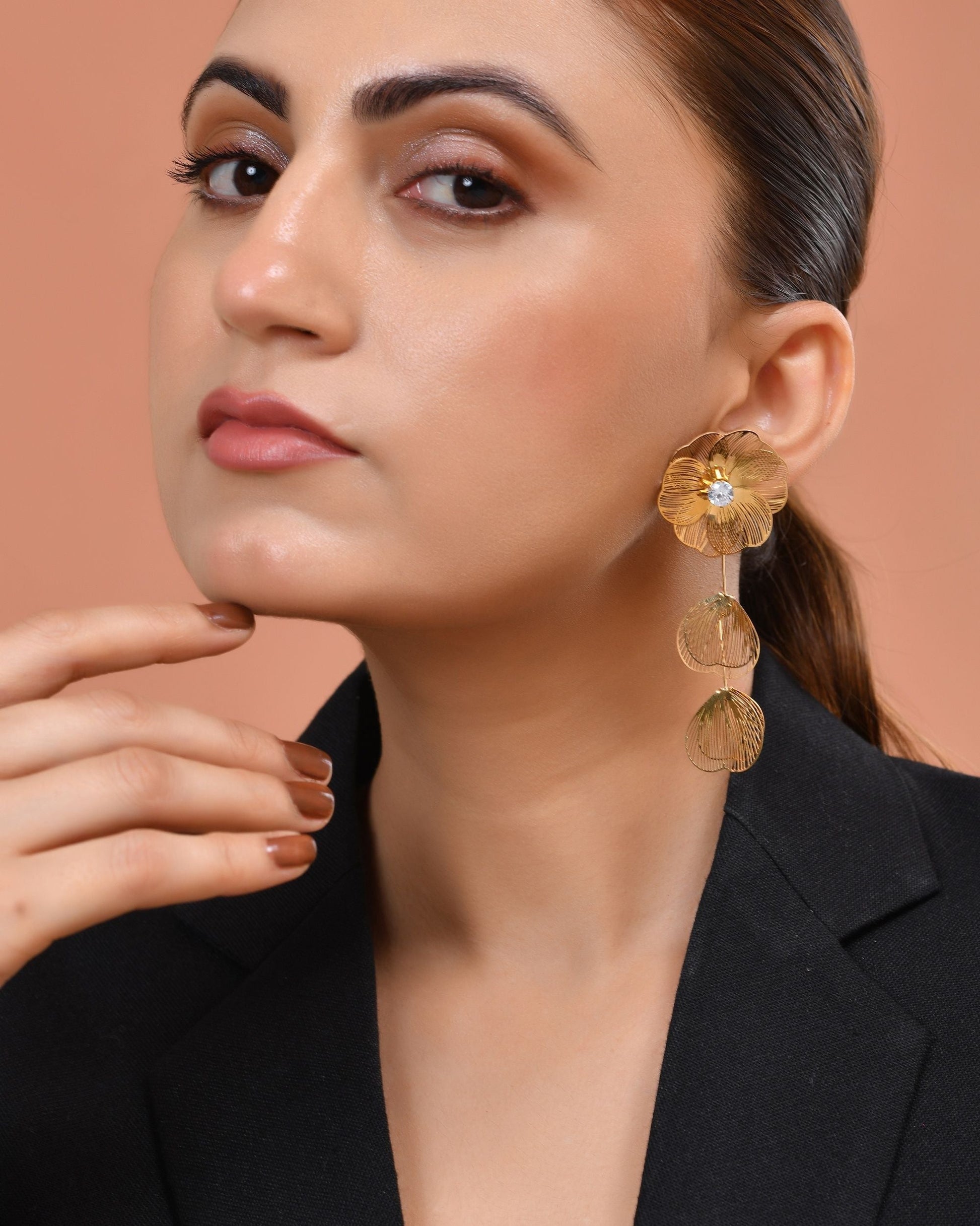 VOJ Gold Toned Floral Designed Studs Earrings  Grab2Buy VOJ Grab2Buy