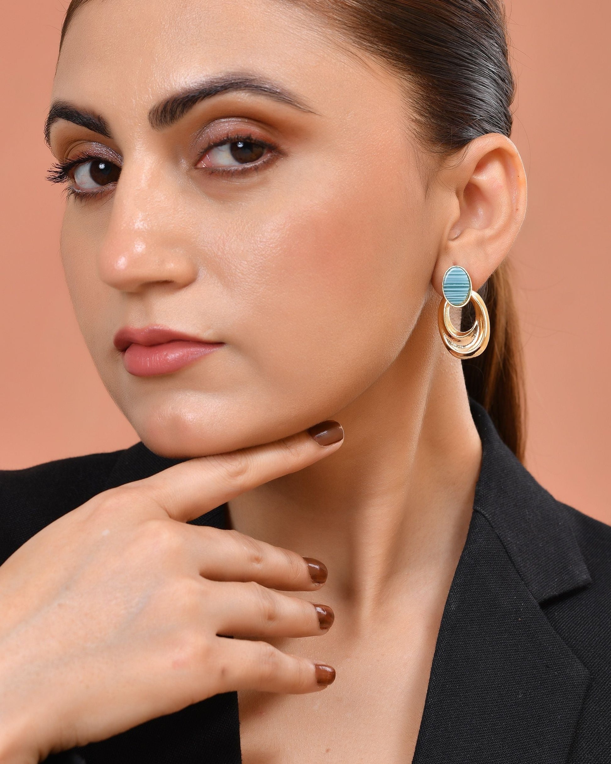 VOJ Gold Plated Blue Stone Studded Oval Shaped Earrings  Grab2Buy VOJ Grab2Buy