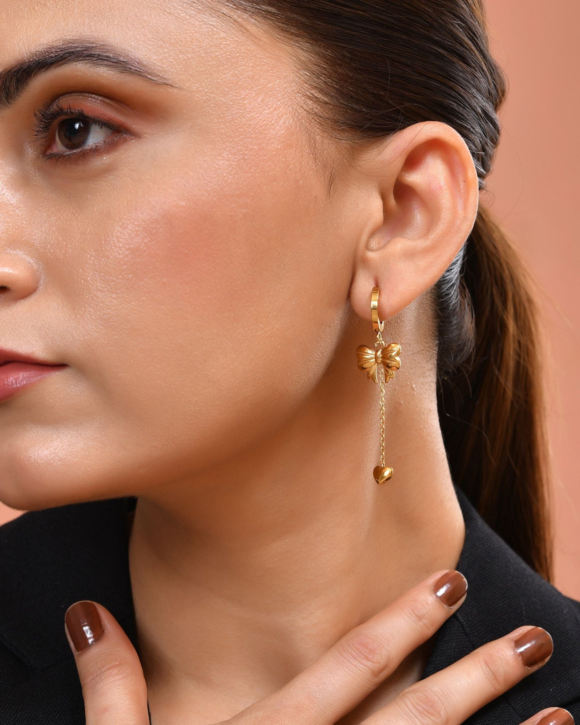VOJ Gold Plated Bow Designed Hoop Drop Earrings  Grab2Buy VOJ Grab2Buy