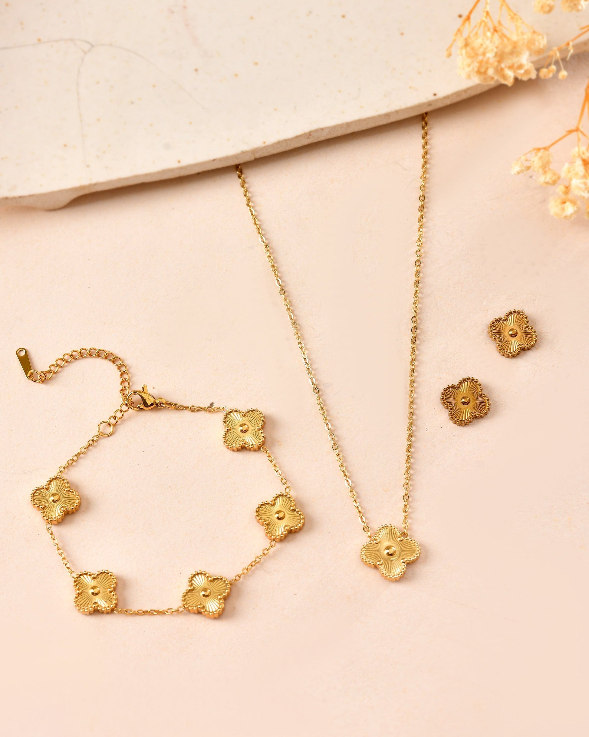 VOJ Gold Plated Floral Design Chain With Earrings And Bracelet Set  Grab2Buy VOJ Grab2Buy