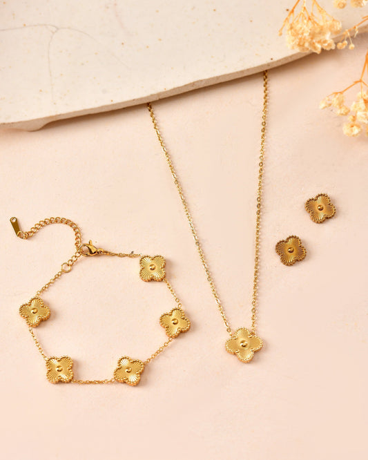 VOJ Gold Plated Floral Design Chain With Earrings And Bracelet Set  Grab2Buy VOJ Grab2Buy