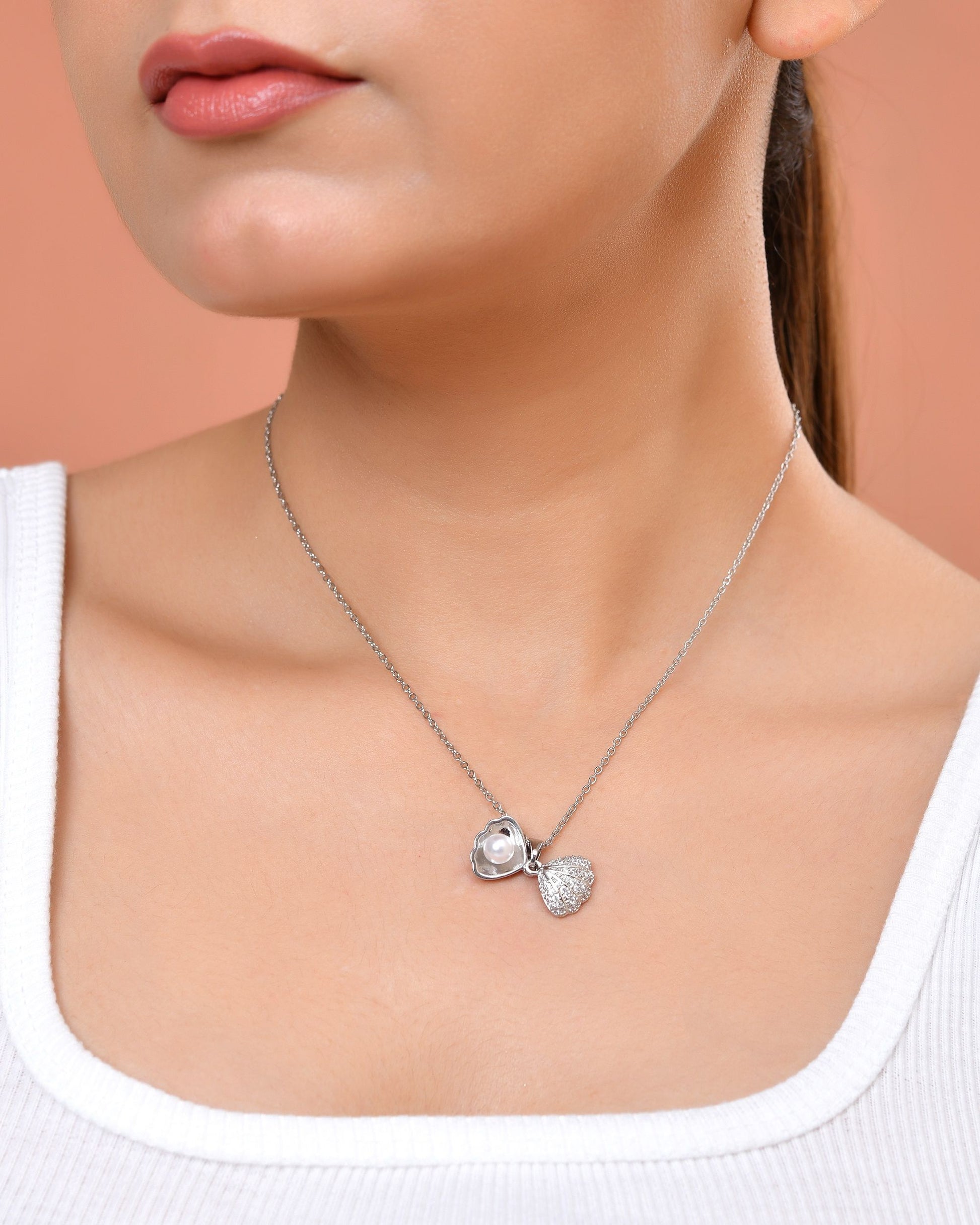 VOJ Elegant Silver-Plated Shell Design Pendant With Pearl Accent Necklace  Grab2Buy VOJ Grab2Buy