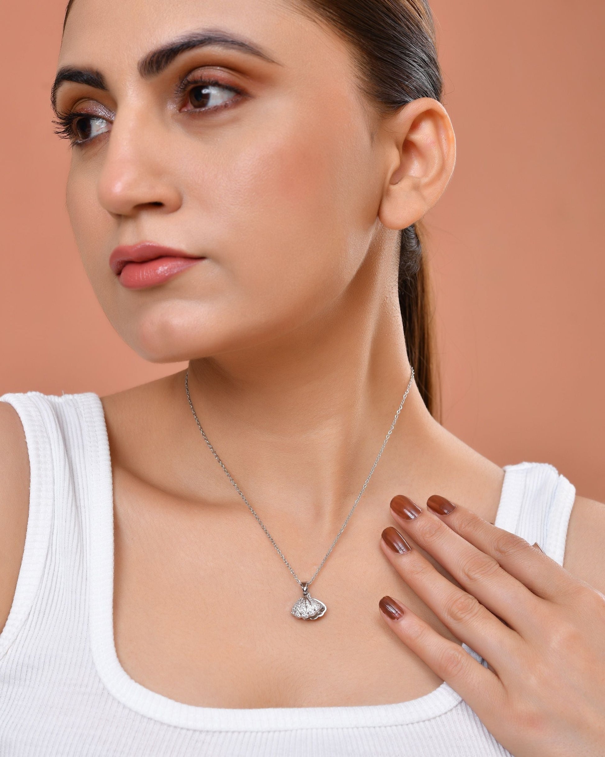 VOJ Elegant Silver-Plated Shell Design Pendant With Pearl Accent Necklace  Grab2Buy VOJ Grab2Buy