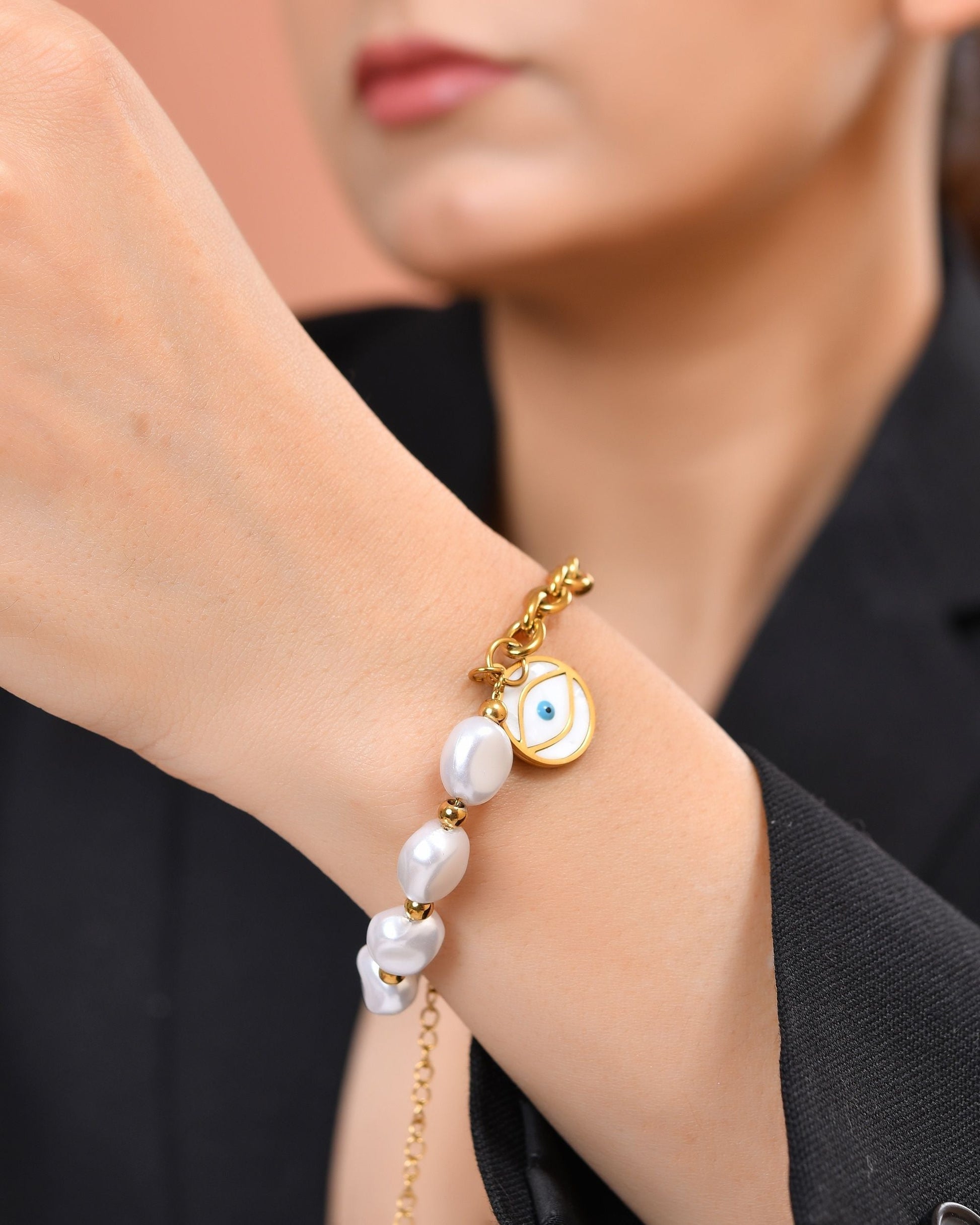 VOJ Gold Plated Pearl And Evil Eye Bracelet For Women  Grab2Buy VOJ Grab2Buy