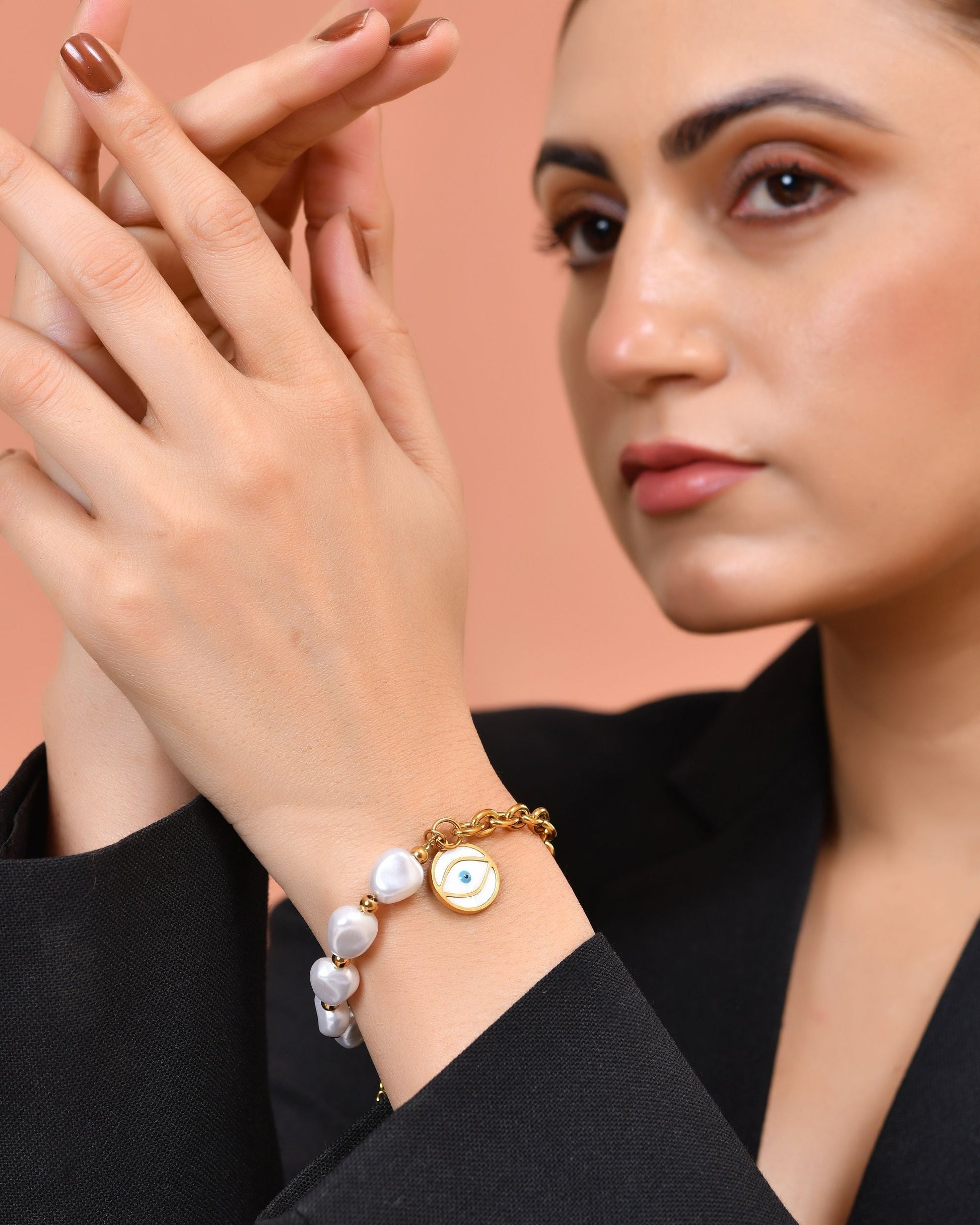 VOJ Gold Plated Pearl And Evil Eye Bracelet For Women  Grab2Buy VOJ Grab2Buy