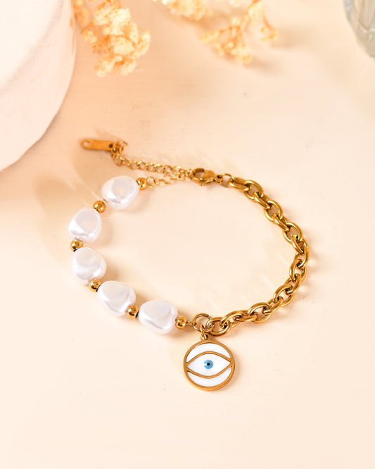 VOJ Gold Plated Pearl And Evil Eye Bracelet For Women  Grab2Buy VOJ Grab2Buy